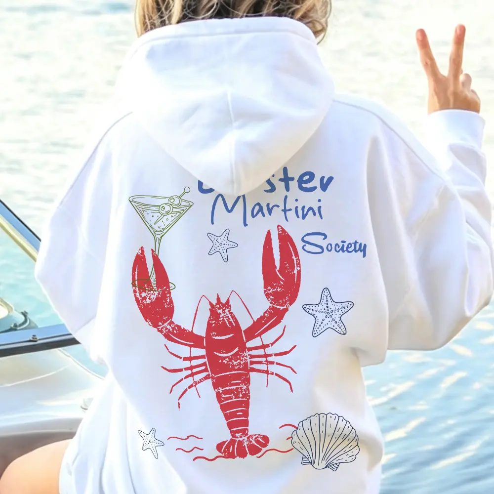Women's Lobster Martini Society Graphic Hoodie - 100% Cotton Heavyweight Long Sleeve Pullover, Essential Casual Vintage Coastal Style Sweatshirt, Unisex Oversized Hooded Top, Fabric