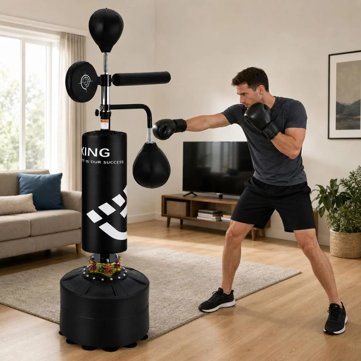 5 in 1 Reflex Punching Bag with Stand - Adjustable Height Standing Boxing Speed Bag with 360 Degree Spinning Bar, Target Pad, Suction Cup Base for Adults Kids