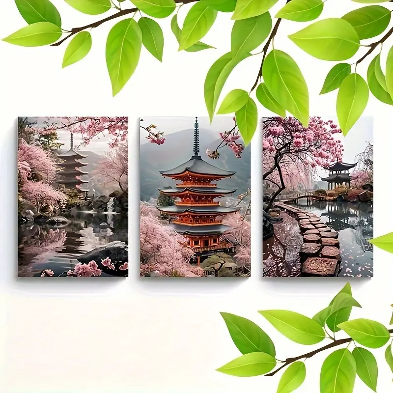 Cherry Blossom, Pagoda Wall Art Canvas Set of 3 Pieces, Japanese Landscape Poster, Suitable for Home Office Store Cafe Bar Decoration, Perfect Room Decoration, Wall Decor
