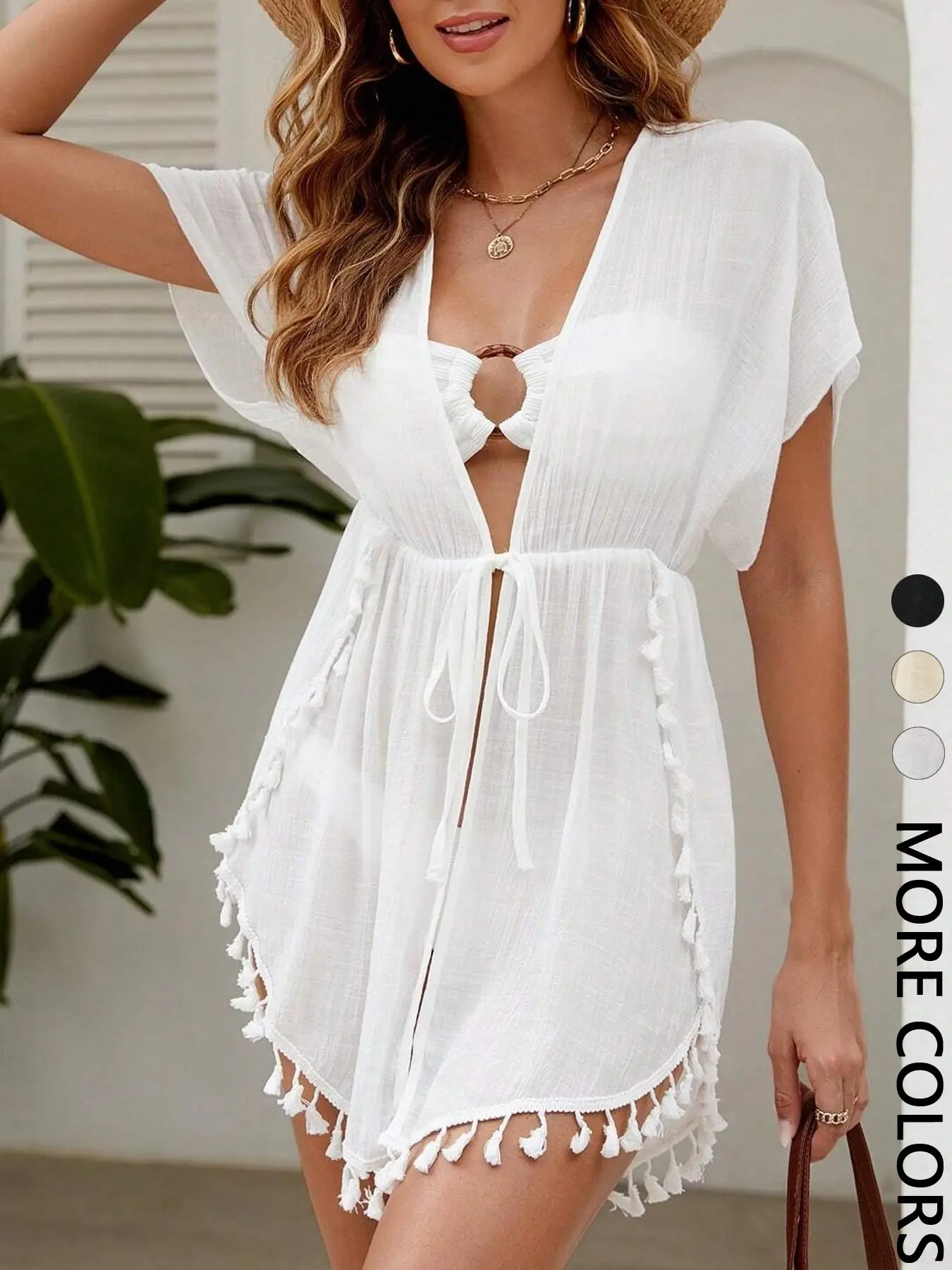 1Pcs White Tassel Sheer Beach Cover-up for Women, Bikini Cover Up, Short Sleeve Tie Waist Open Front Cardigan, Lightweight, Summer Coverup, Summer Casual Resort Style