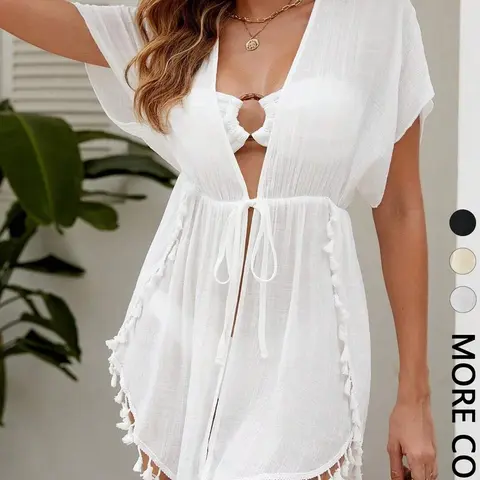1Pcs White Tassel Sheer Beach Cover-up for Women, Bikini Cover Up, Short Sleeve Tie Waist Open Front Cardigan, Lightweight, Summer Coverup, Summer Casual Resort Style, Beach Coverups