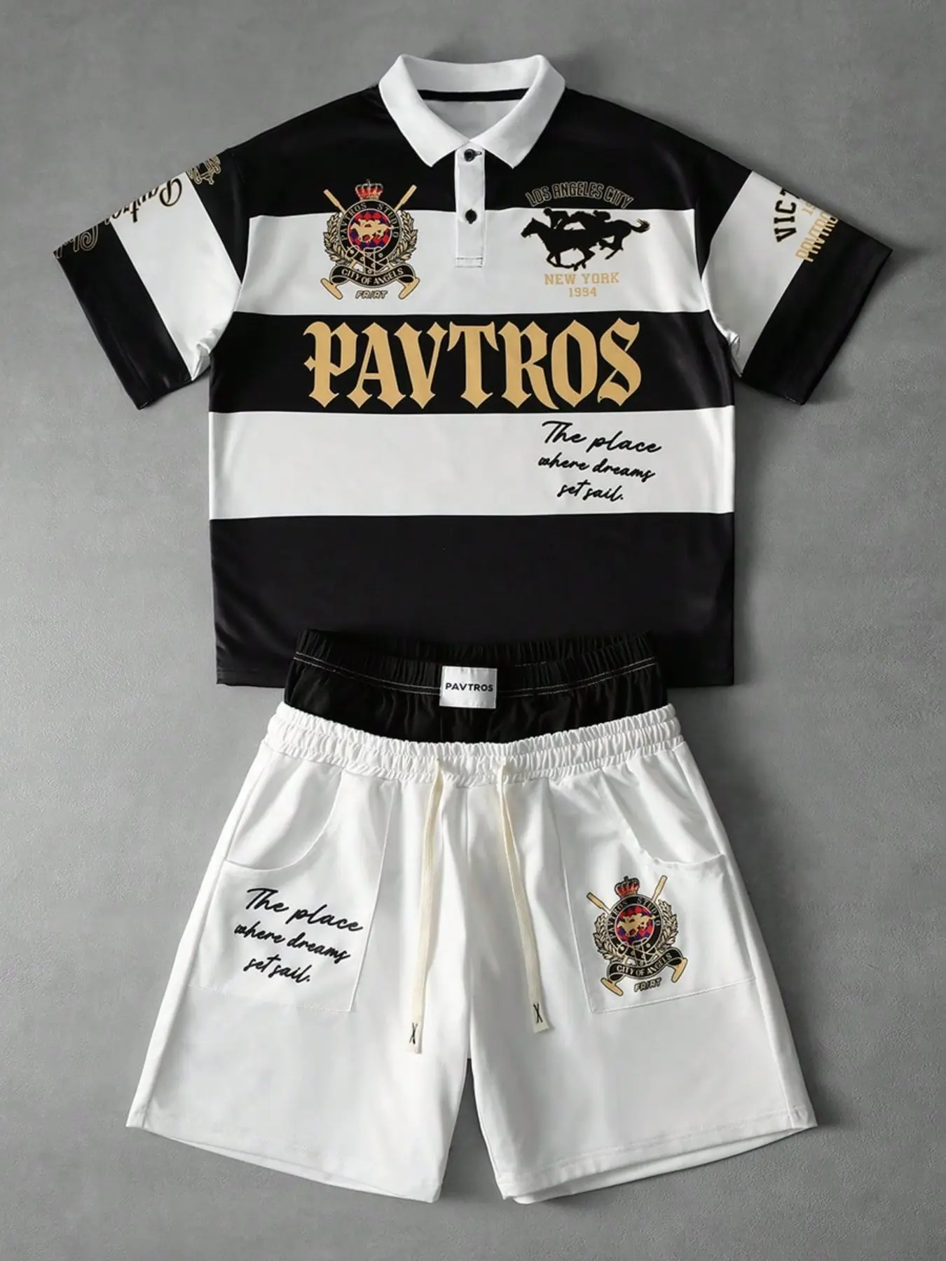 2 Pcs Men's Vintage Graphic Polo Shirt and Shorts Set Blokecore Sporty Two-Piece Tracksuit Outfit for Summer Streetwear