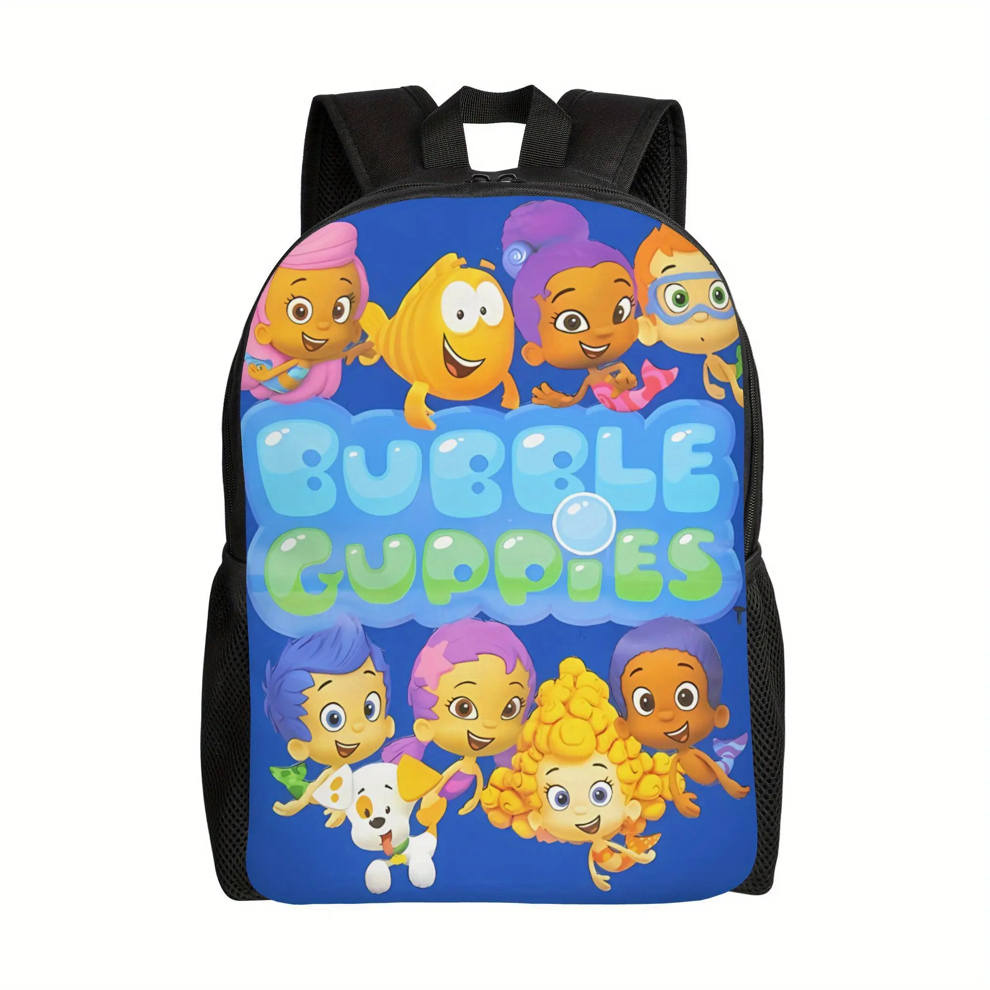 Bucked Up Backpack Bubble Guppies All Main Characters Bubble Logo Deep Blue Print 600D Oxford Kids School Backpack Lightweight Breathable Padded Straps Multi Pocket Toddler Travel Daypack Hand Washable Book Bag For Little Boys Girls