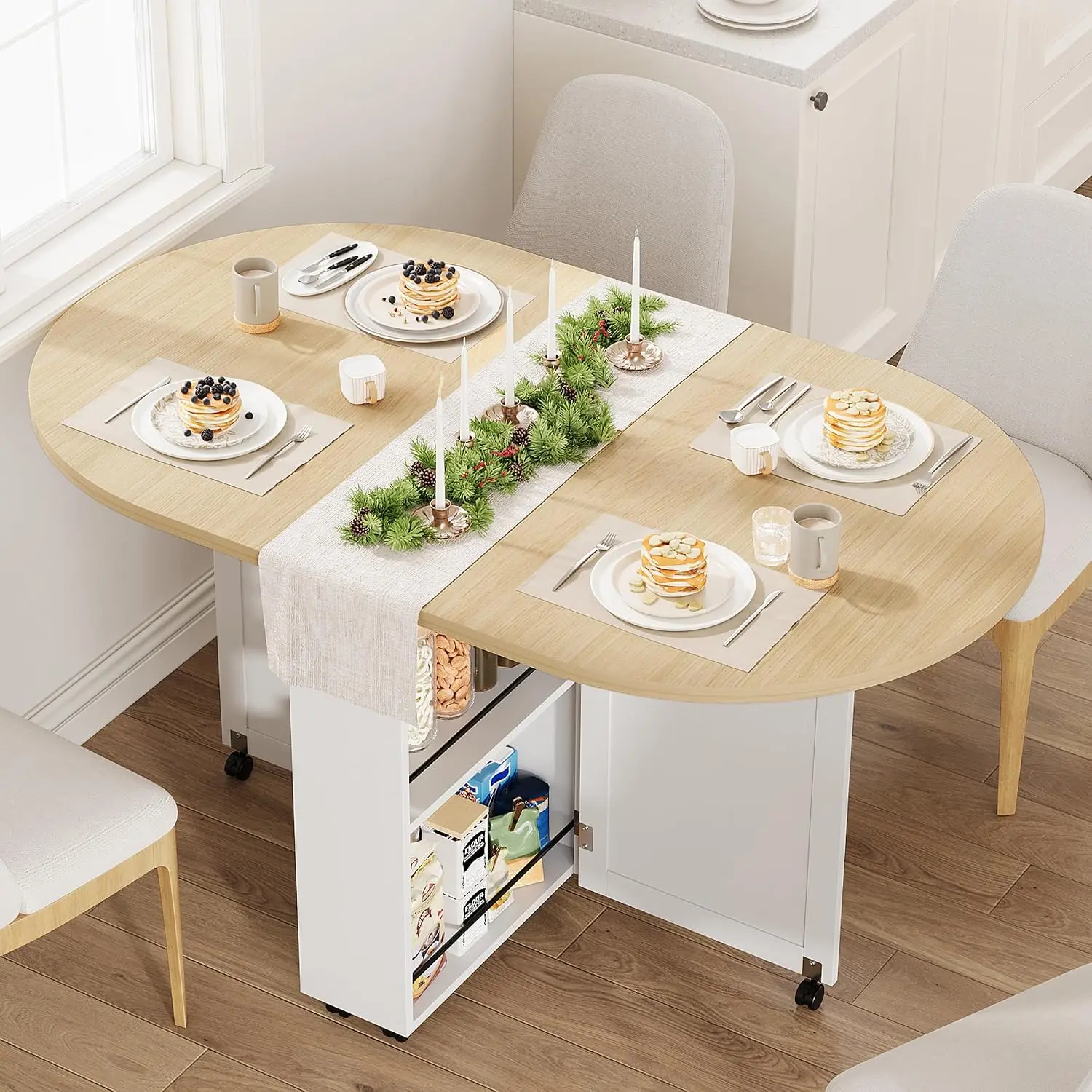 3-in-1 Folding Dining Table with Wine Rack & Cup Holder Lockable Casters, Drop Leaf Oval Folding Kitchen Table for Small Spaces
