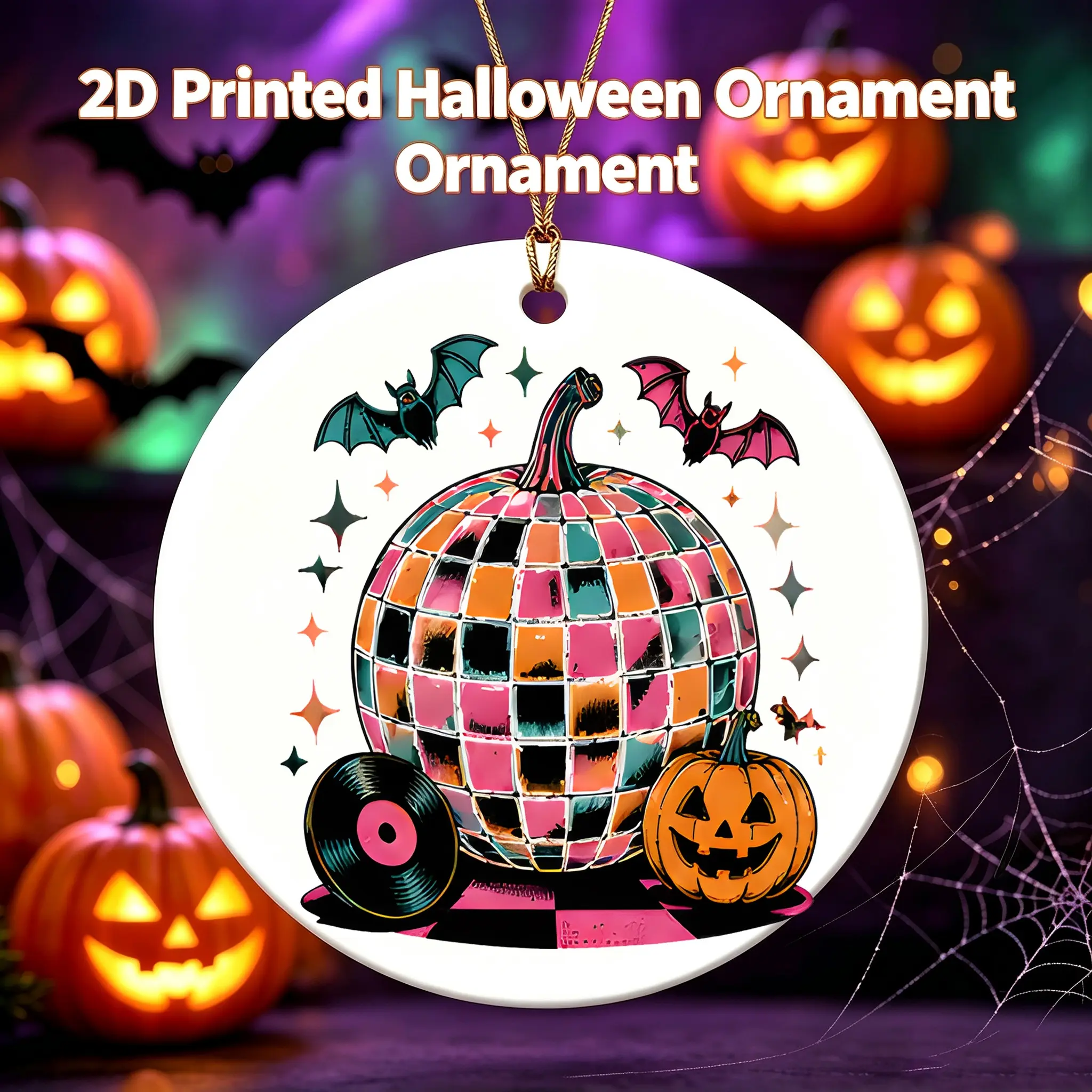 Disco Halloween Style Ceramic Ornament Disco Ball Pumpkin Bat Pattern Ceramic Hanging Decoration For Holiday Party Home Decor 3 Inch