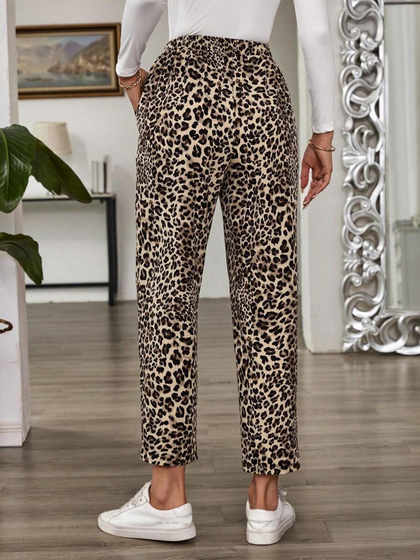 Women's leopard print woven trousers with pockets and laces straight-leg fitted pants, suitable for women, fashionable and versatile, suitable for casual travel, daily wear, outdoor activities