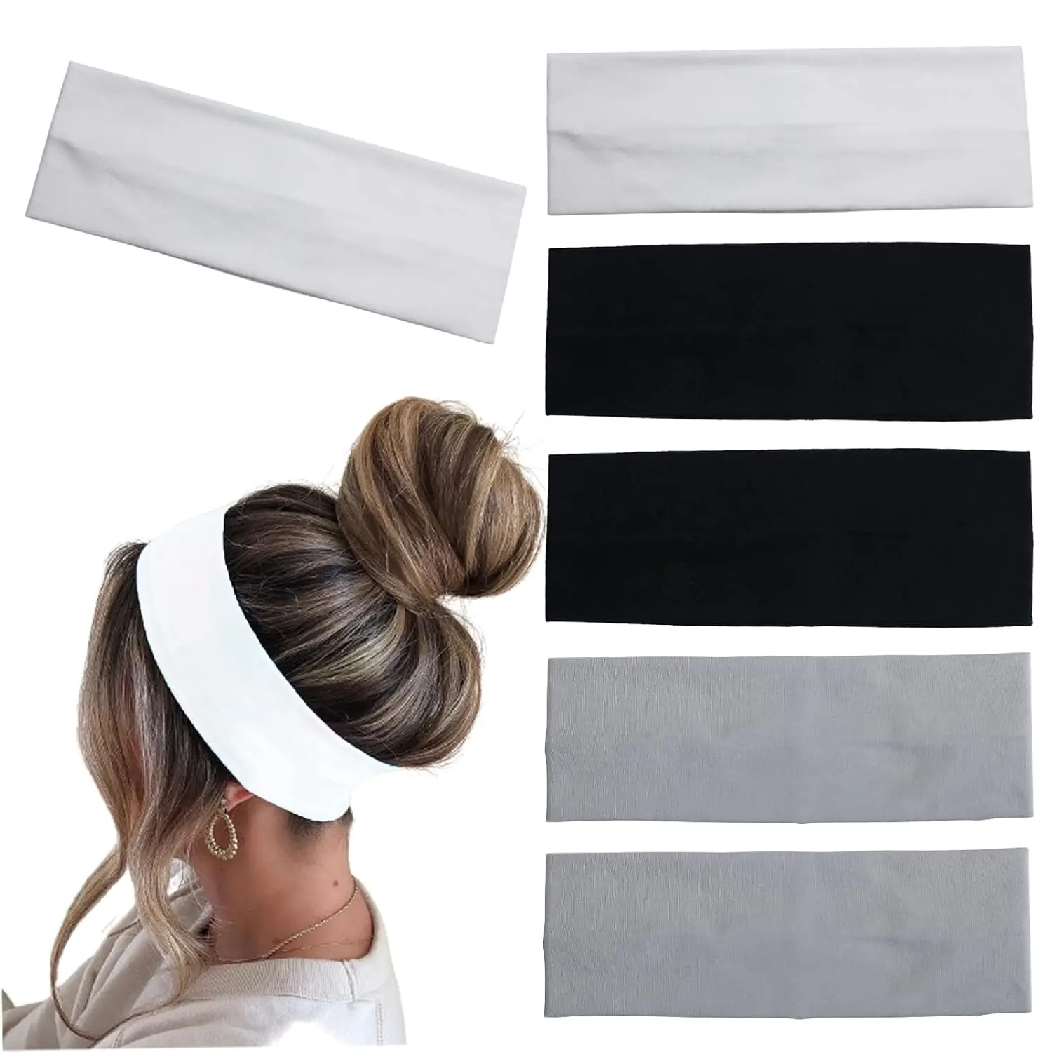 6 count Headbands for Women Hair  Headband Non-slip Stretchy Elastic  Wrap Holder Hair Accessories Black White Grey Color