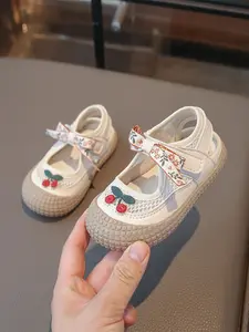 Cherry Embroidered Baby Sandals, Cute Patchwork Style, Breathable Mesh, Non-Slip Rubber Sole, Butterfly Knot Decor, Ideal for Toddlers