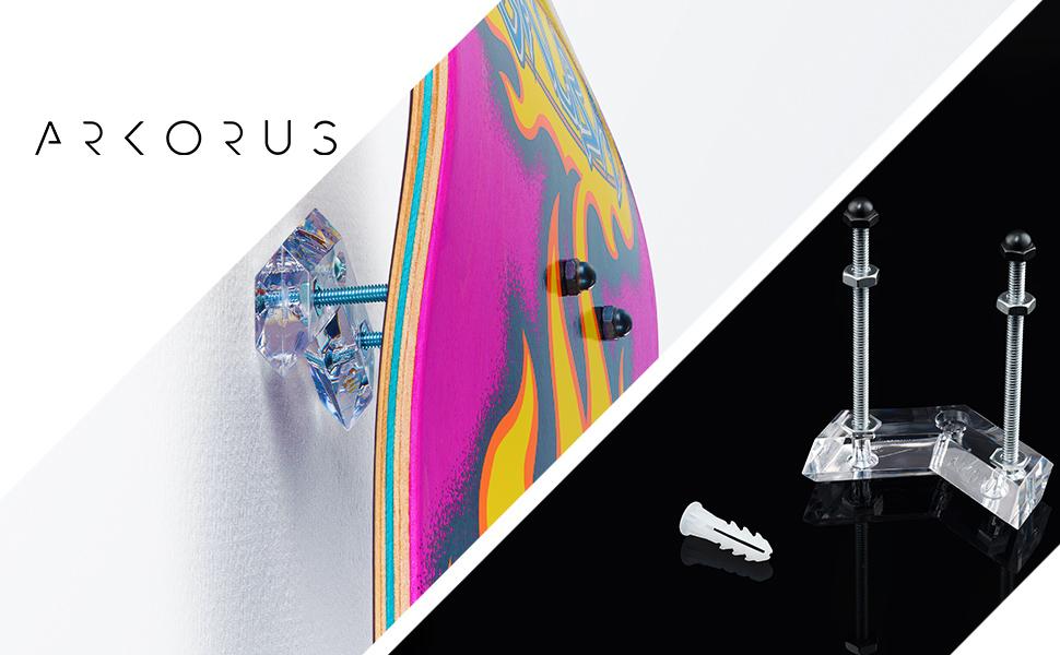 Arkorus Skateboard Wall Mount – Premium Clear Skateboards Hanger, Great Gifts for Skateboarders, Vertical Deck Display & Storage Rack, Durable Acrylic Floating Holder to Store Decks & Longboards