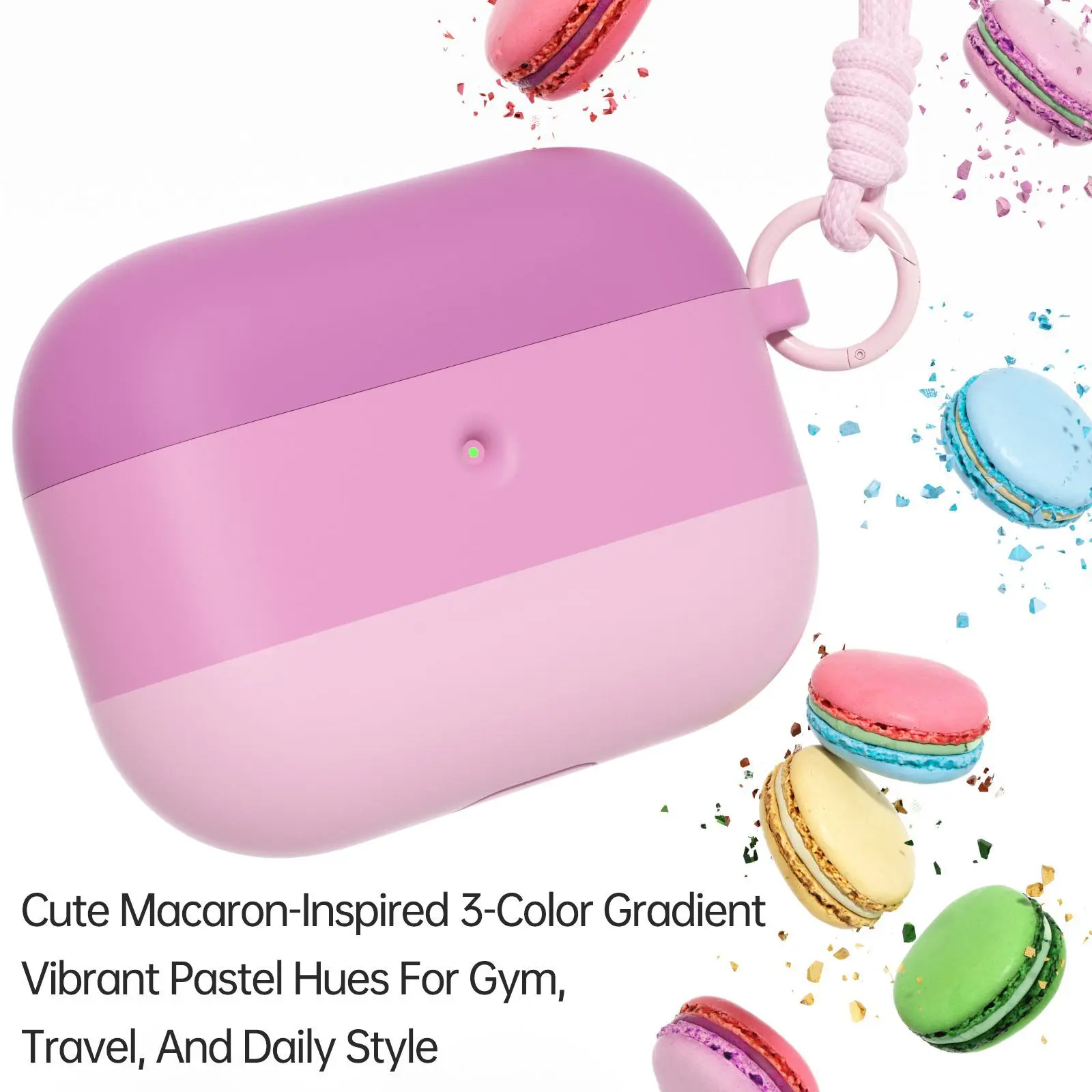 Three Tone Gradient Macaron AirPods Protective Case, Soft Anti-Scratch Silicone Earbud Cover with Braided Wrist Strap Compatible with AirPods Pro 3 & All AirPods Generations