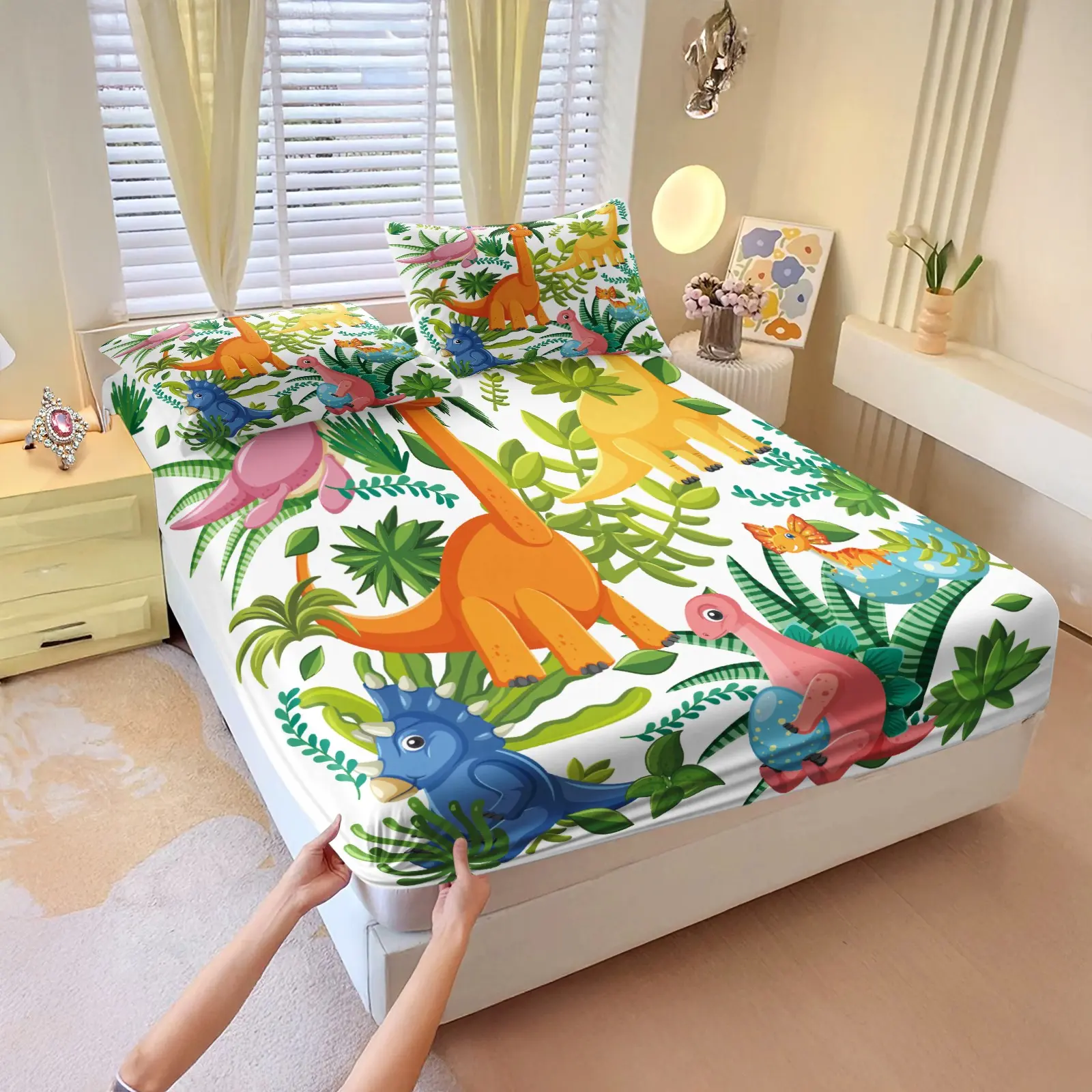 3Pcs Cartoon Dinosaur Fitted Sheet Set, 1 Fitted Sheet+2 Pillowcases, No Filling, Colorful Jungle Dinosaur Leaf Print, 360° Elastic Deep Pocket, Soft Breathable Microfiber, Machine Washable Bedding Sets for Boys Bedroom Decor