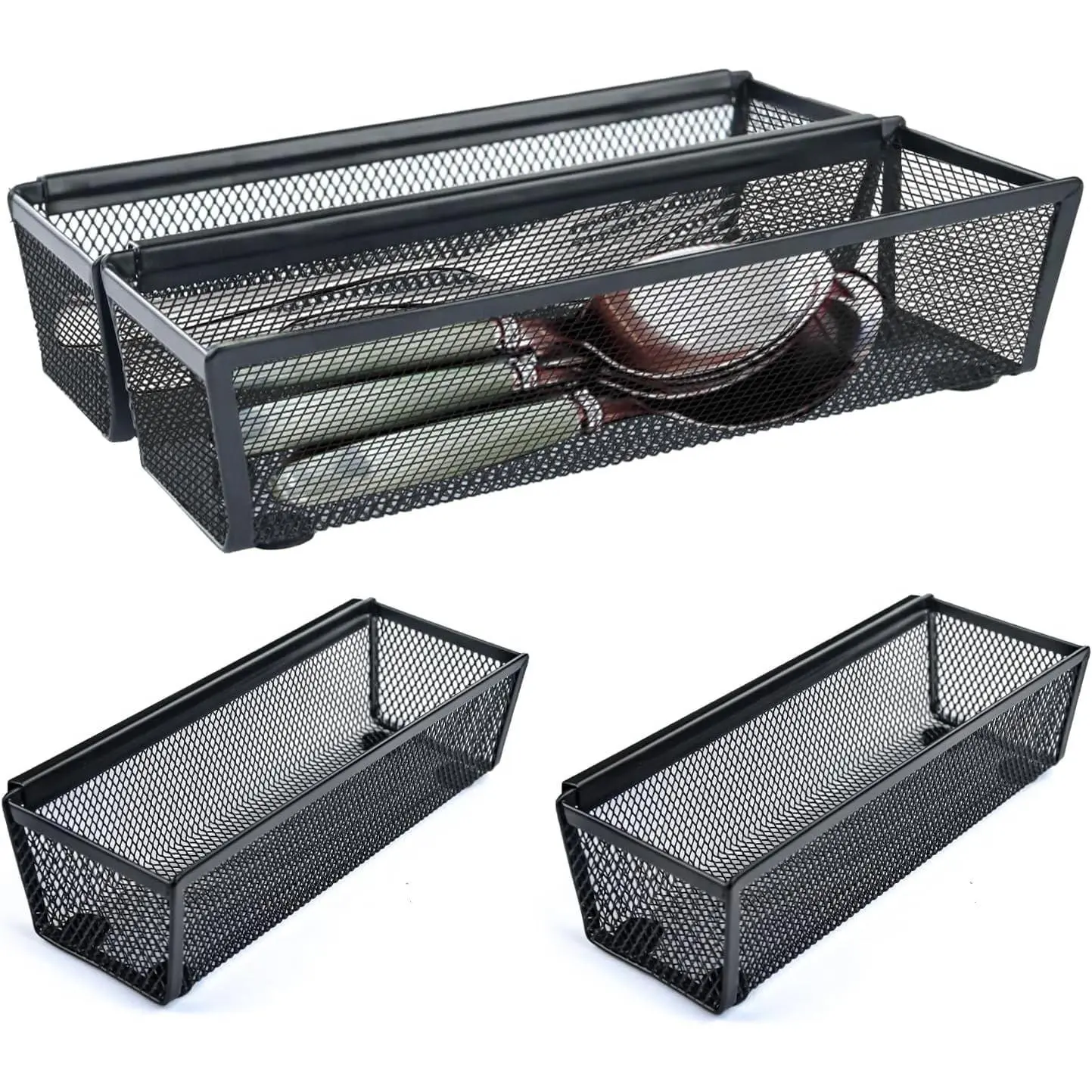 4PCS Drawer Organizer for Kitchen,Utensil Mesh Drawer Organizer with Interlocking Arm for Cosmetic,Flatware,Pen (9 * 3 * 2 Inches,Black)