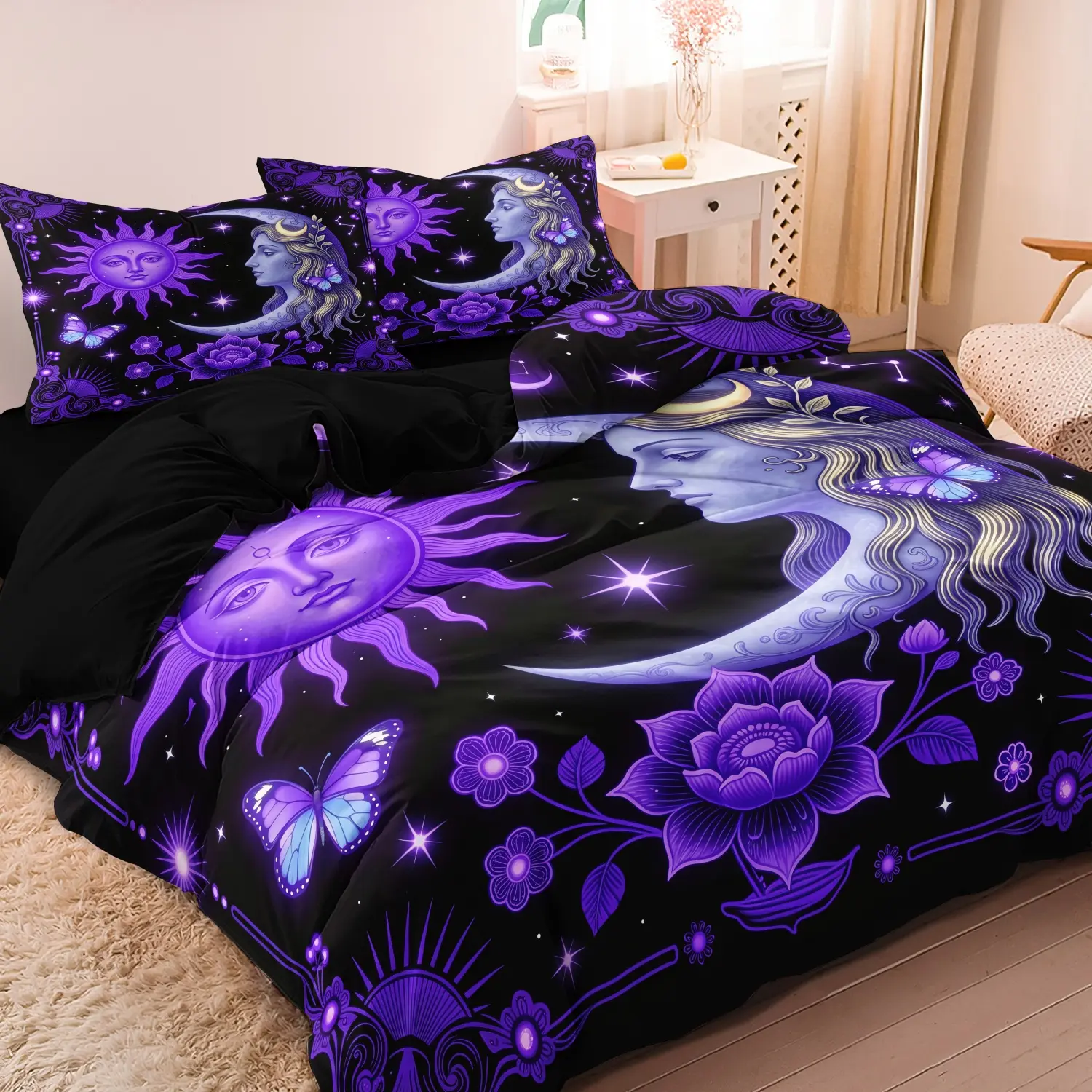  3 Pieces Purple Celestial Sun Moon Goddess Duvet Cover Set, Star Butterfly Floral Printed Bedding, Soft Microfiber Mystic Bohemian Bedding For Bedroom Home Decoration, Multiple Sizes Available (1 Duvet Cover + 2 Pillowcases, No Comforter No Pillow)