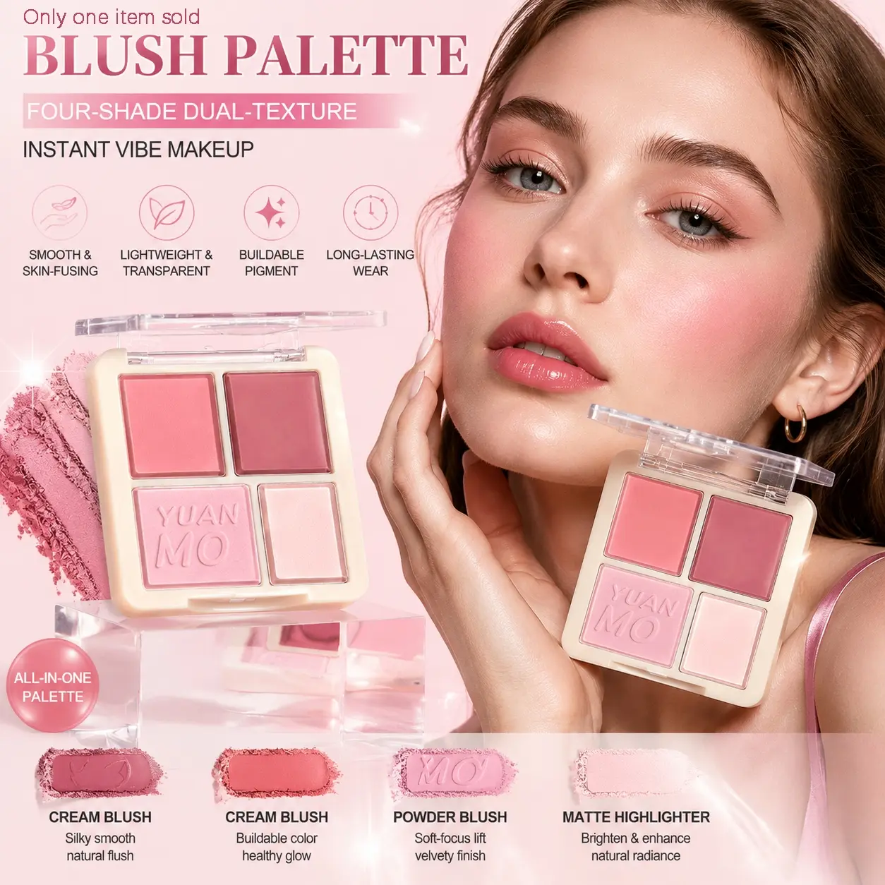 YUANMO 4 Shades Dual Texture Blush Palette, buildable pigment delivers natural healthy rosy glow. Cream texture melts seamlessly into base makeup while powder creates soft-focus matte finish, lightweight sheer texture without heavy caking, long-lasting.