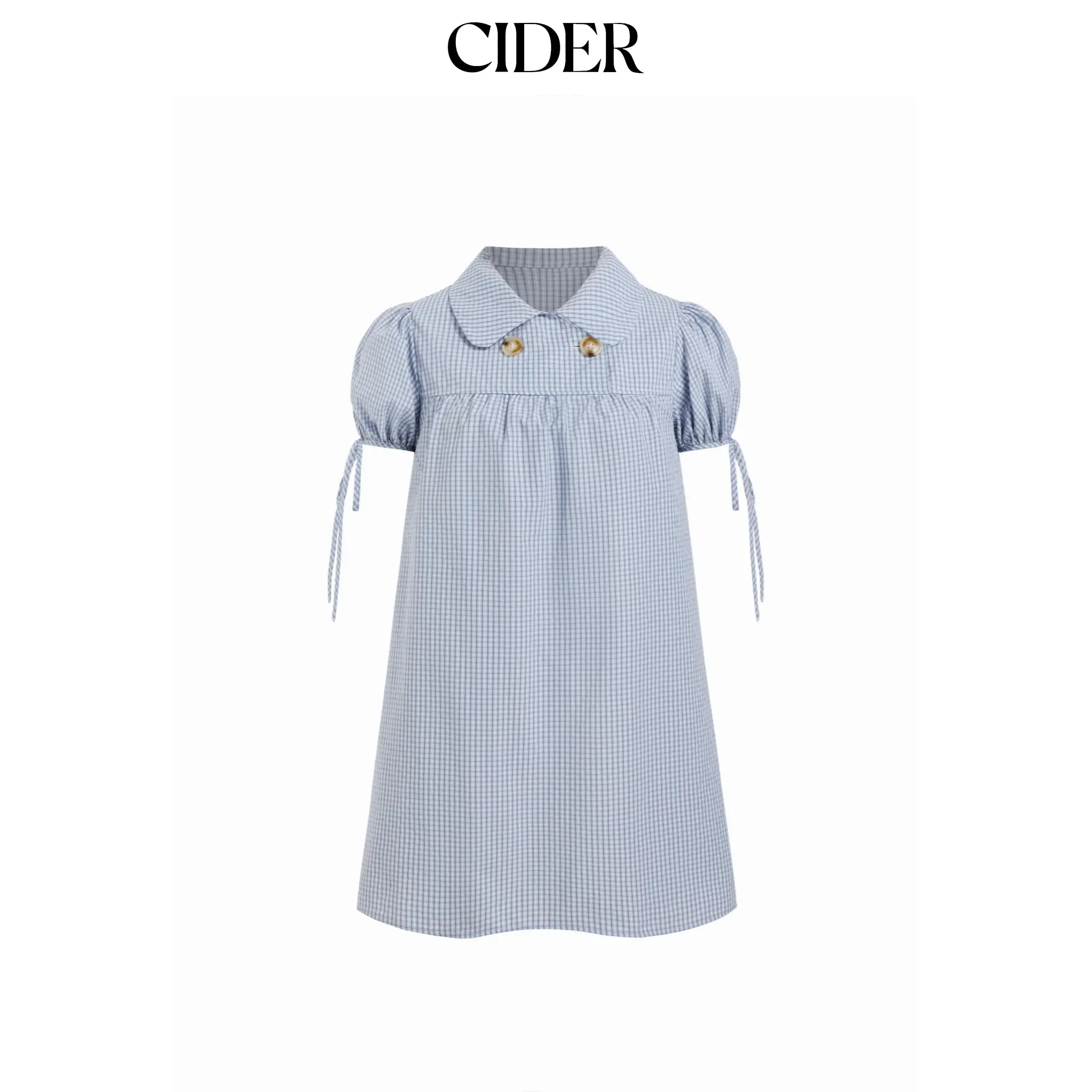 Cider Cotton-blend Peter Pan Collar Puff Sleeve Check Smock Drawstring Mini Dress SummerFinds