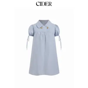Cider Cotton-blend Peter Pan Collar Puff Sleeve Check Smock Drawstring Mini Dress SummerFinds