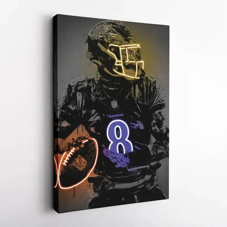 Lamar Jackson Baltimore Ravens Canvas Wall Art, Neon Football Poster Print,  Player Decor, Sports Man Cave Decor, Ravens Fan Art#NFL#PatrickMahomes#Josh Allen#JustinJefferson#OBJ#ChiefsKingdom#BillsMafia