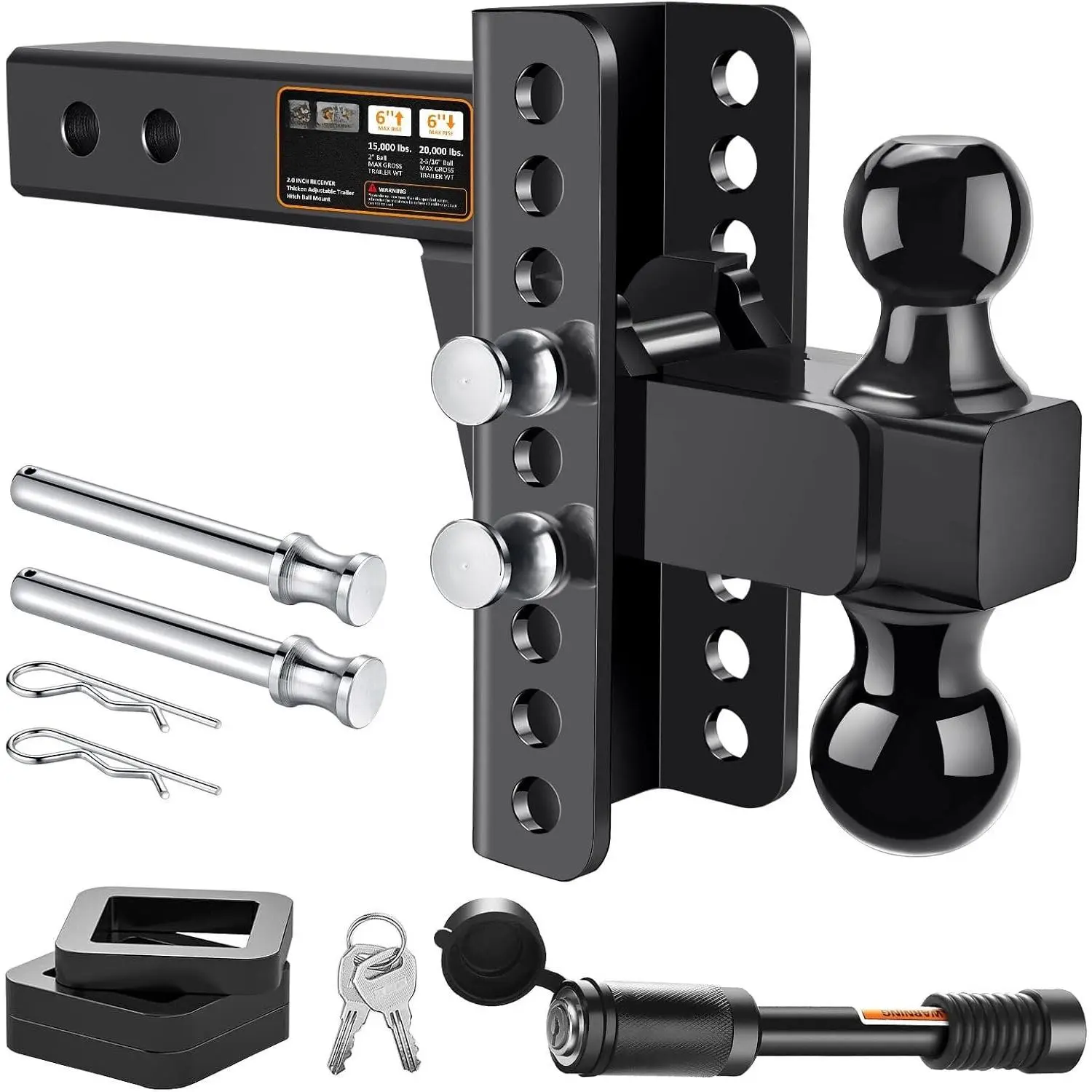 Adjustable  Hitch -Drop Hitch-Tow Hitch with 2 inch Receiver-6inch Drop/Rise, 2" & 2-5/16" Ball Hitches for , 20,000 LBS GTW,  Hitches with Anti- Pin, Black