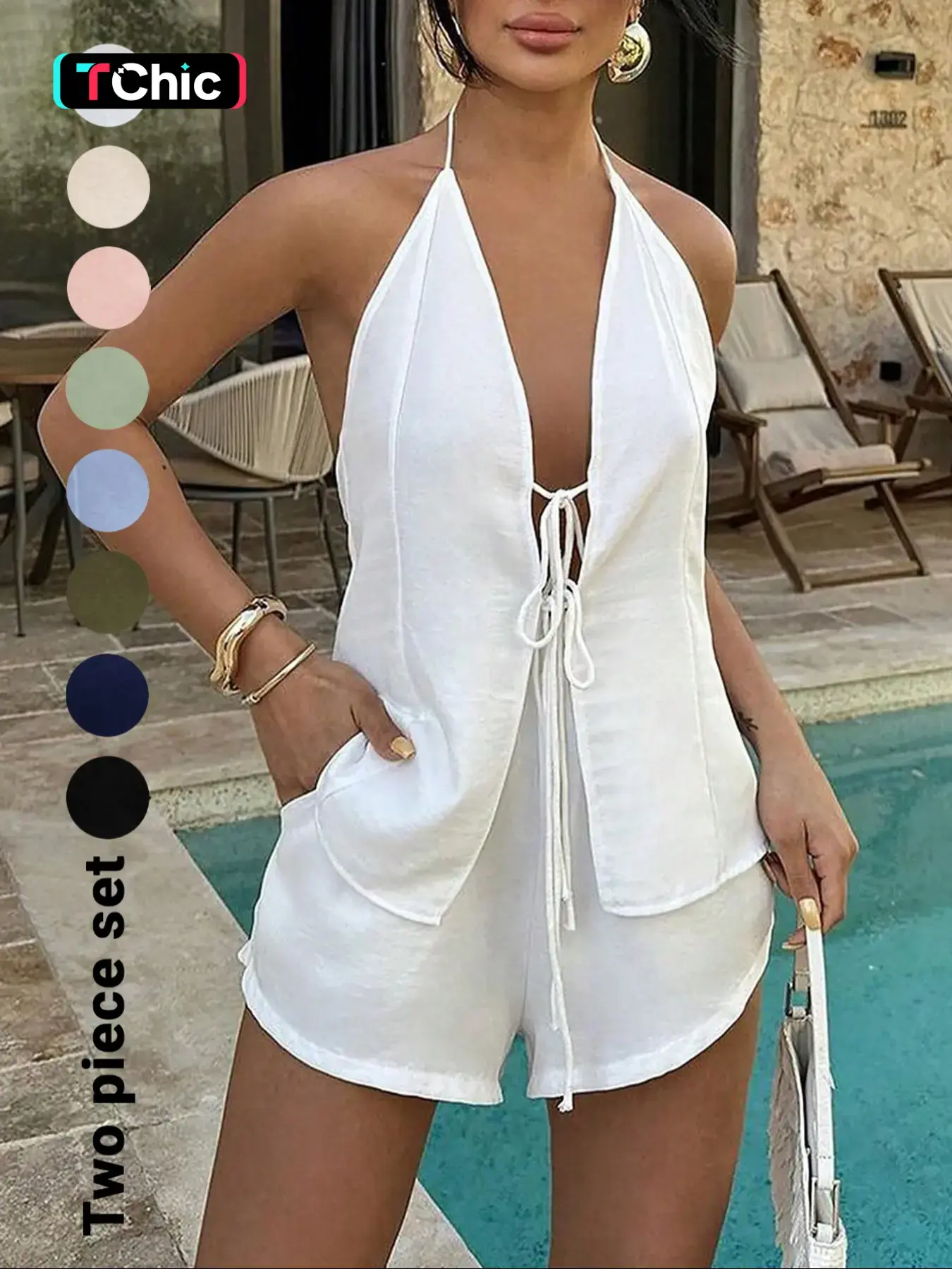 Women's Solid Color Breathable Lightweight Fitted Sleeveless Tie Back Top & Shorts Set, Casual Fashion Chic Minimalist Style Two-piece Outfits for Summer, Ladies Clothes for Beach Holiday Vacation, Summer Beachwear Set, Womenswear