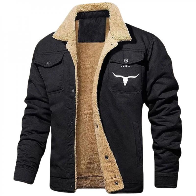 Men's Retro Western Jacket Warm Fleece Coat Work Cargo Trucker Jackets Tops Casual loose