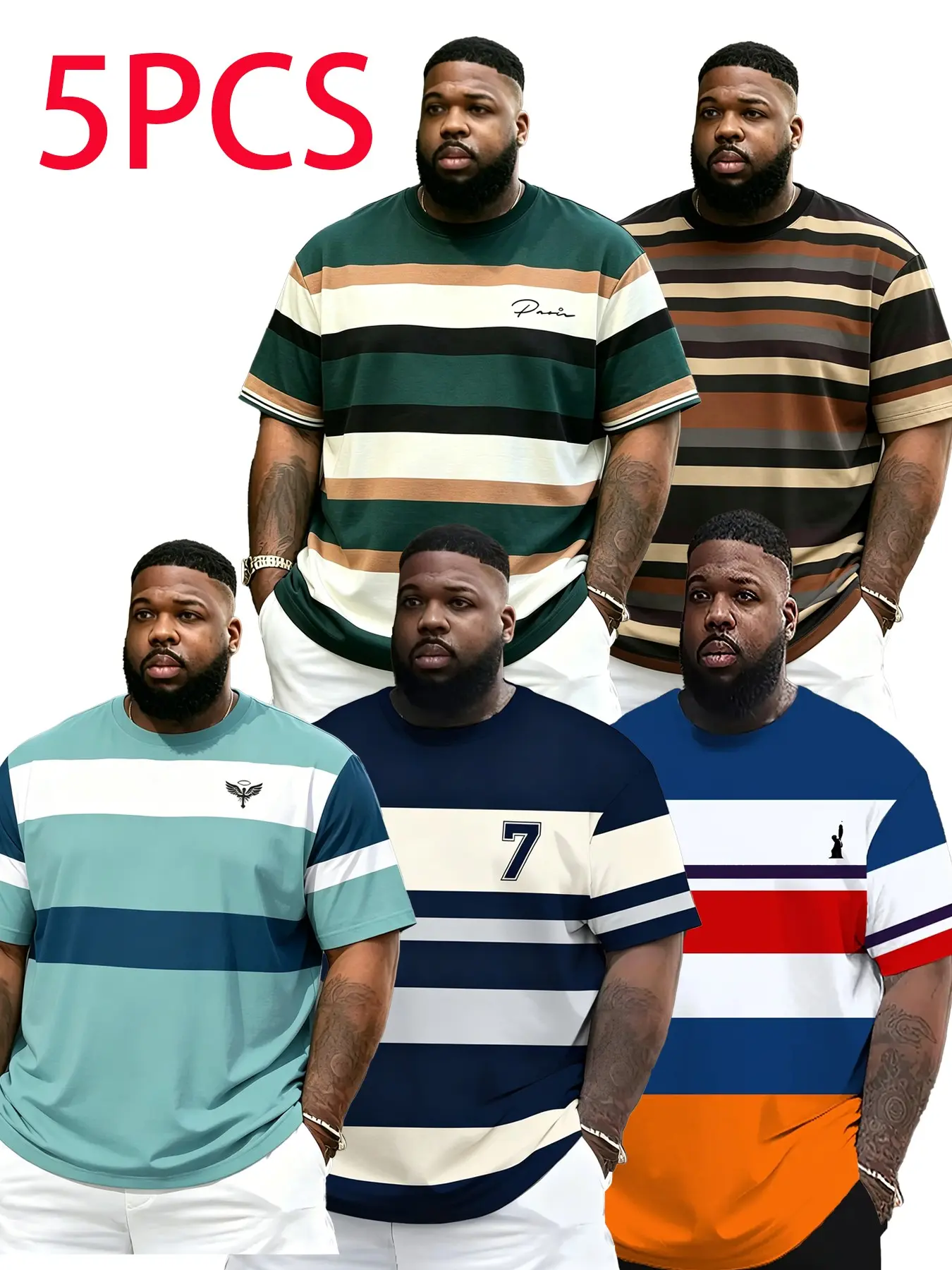5-Pack American Retro Colorblock Striped Short Sleeve T-Shirts, Men's Large Size, Paris Handwritten Number 7 Eagle Badge, Loose Fit Summer Top
