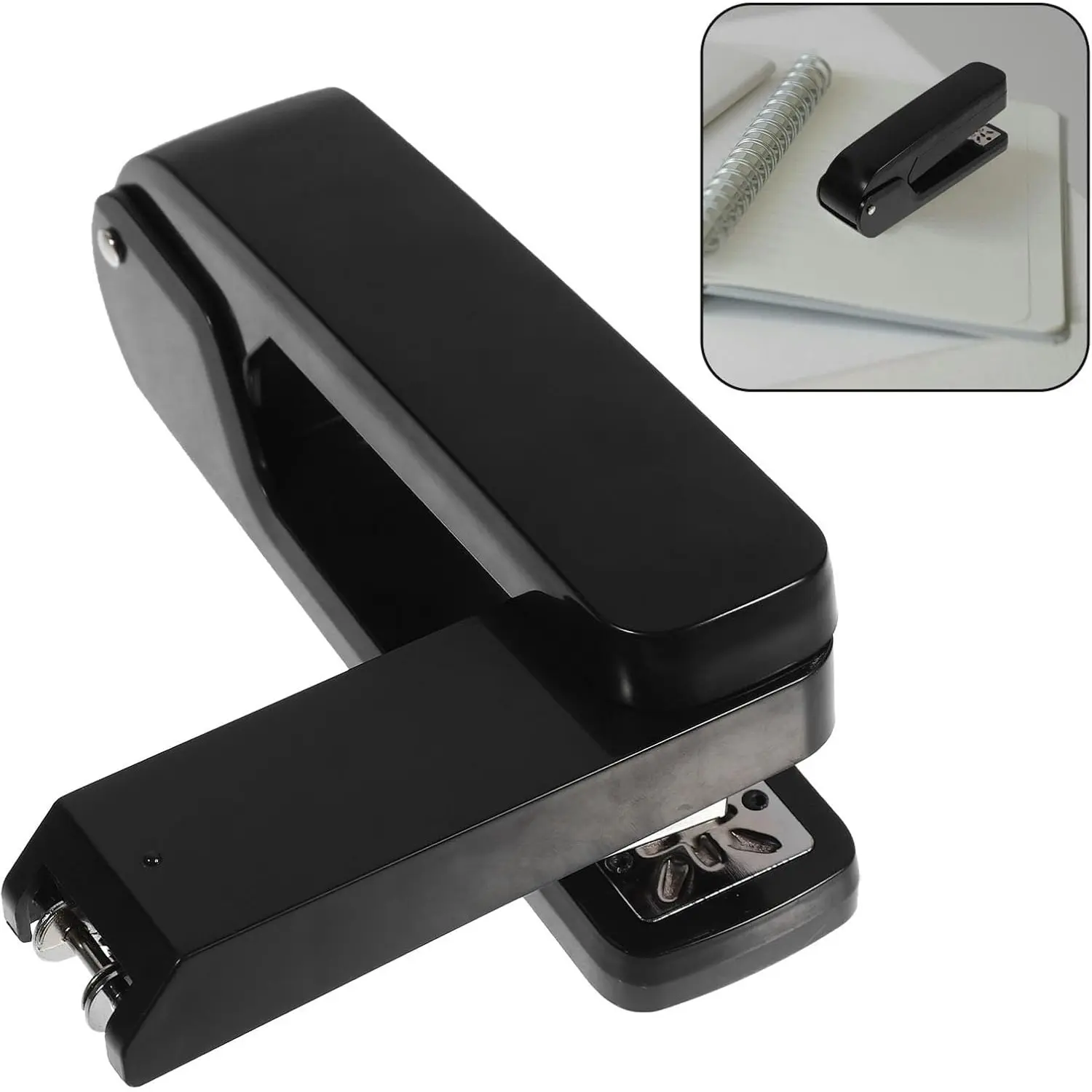360° Swivel Swing‑Arm Stapler, Staple‑Free Rotating Desktop Paper Binder, Portable No‑Staple Document Fastener for Papers Booklets, Black, Home School Office Stationery Supplies, Business Office Accessory
