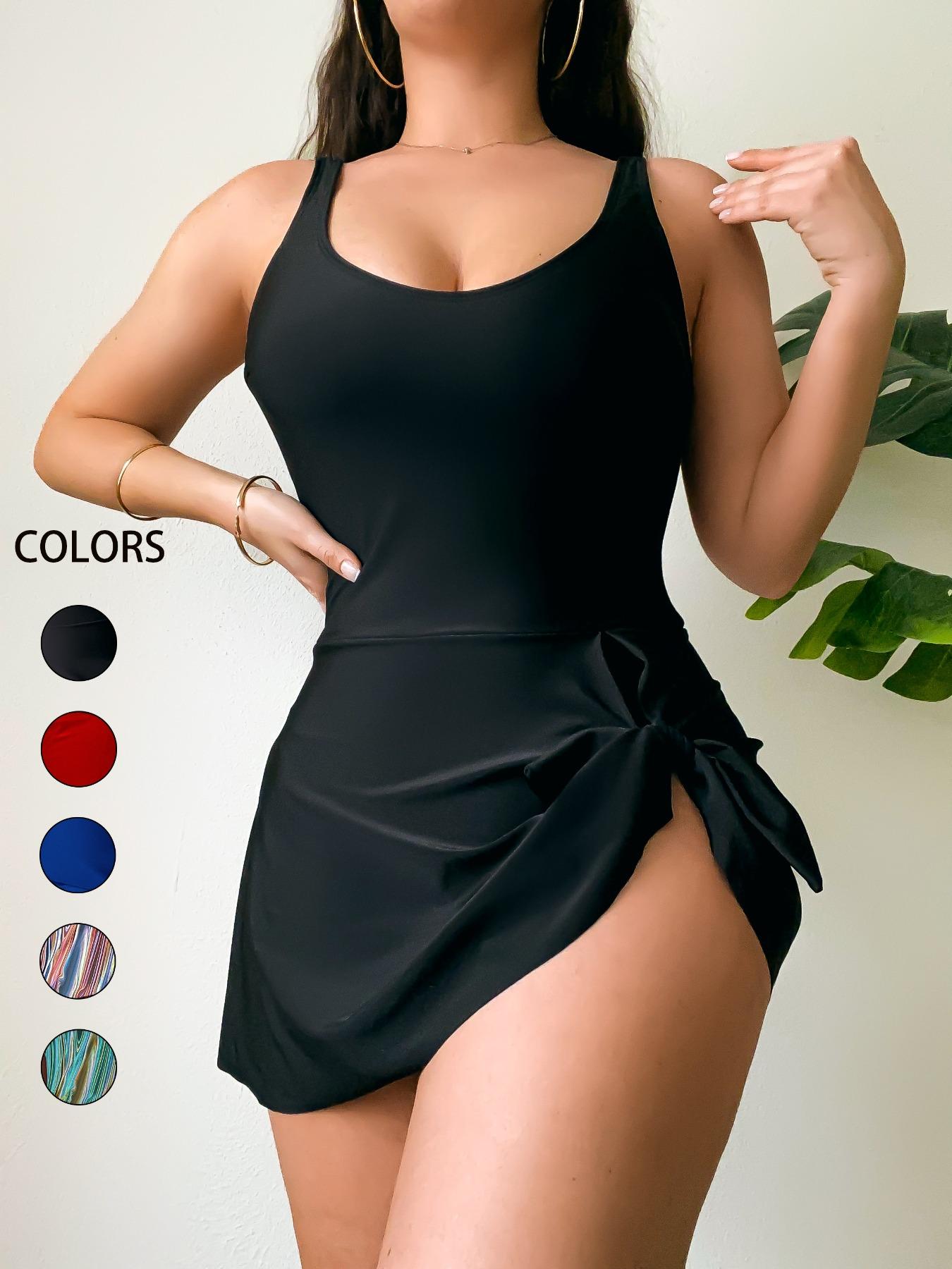 Women's Solid Color / All Over Print One-piece Swimsuit, Casual Sexy Sleeveless One-piece Swimwear for Beach Holiday Vacation, Ladies Summer Clothes, Adjustable Straps Swimsuit, Bathing Suit