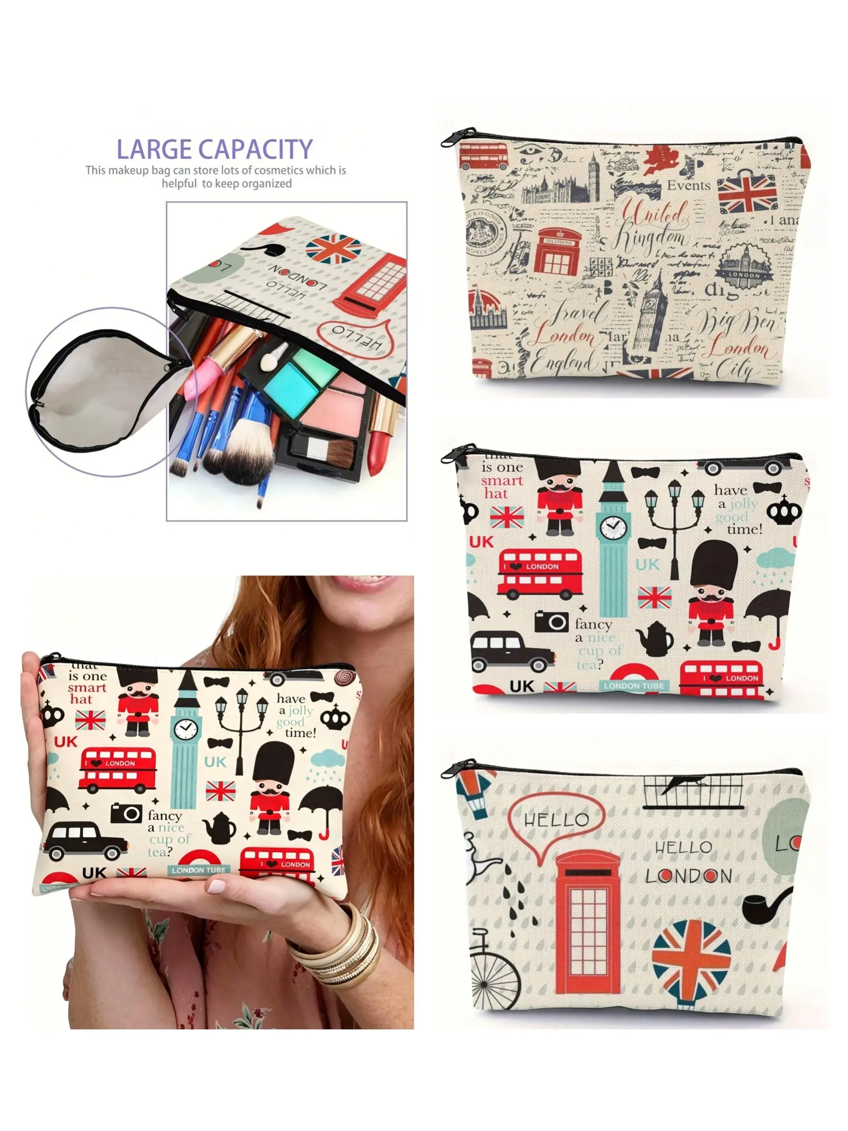 London Impressions Multi-Functional Storage Bag, Single-Layer Makeup Case, Vintage Newspaper Style, Foldable Zipper Pouch, Travel Essential, Portable Cosmetic Bag, Travel Cosmetic Bags