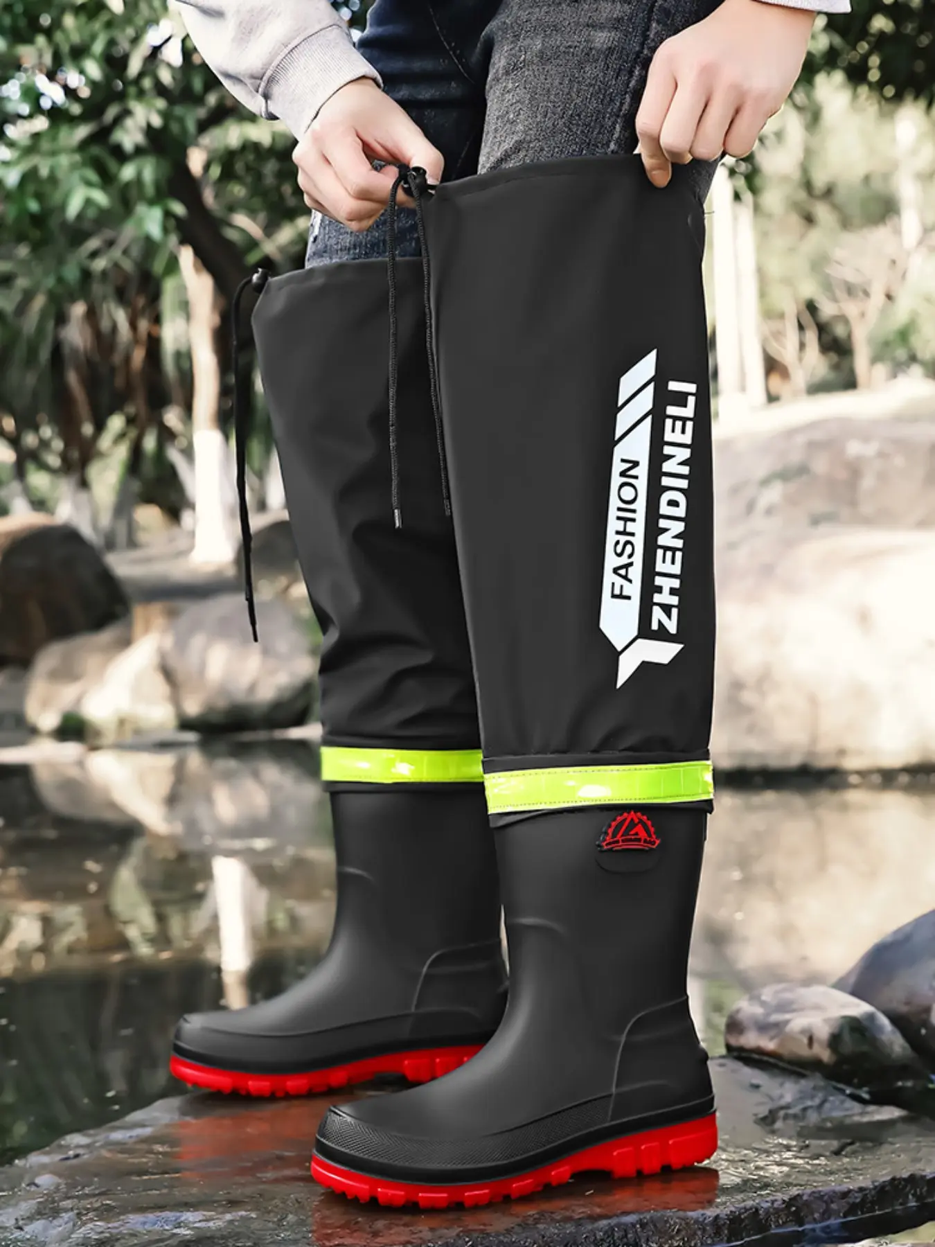 Men's High-Tech Waterproof Rain Boots with Reflective Strips, Non-Slip Outdoor Fishing Shoes, Extended Tube Design for Coastal Activities, Waterproof Outdoor Footwear