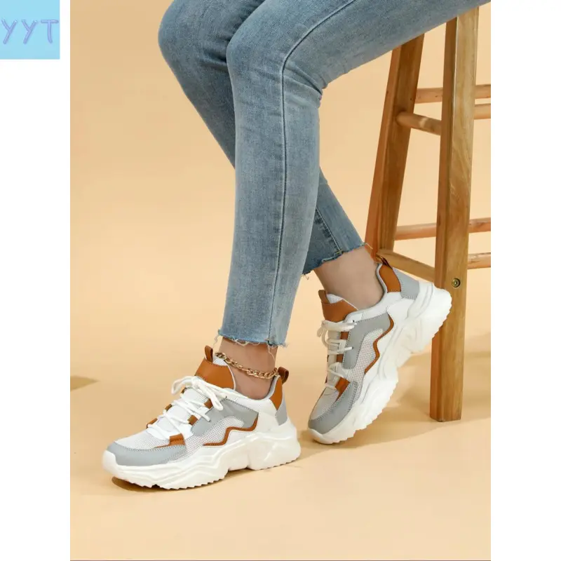 YYT1 Women's Colorblock Lace-Up Platform Running Sneakers - Female Shoes with Ankle Height, Breathable Laces, Chunky Sole, Casual Comfort, Round Toe, All-Match for Daily Wear