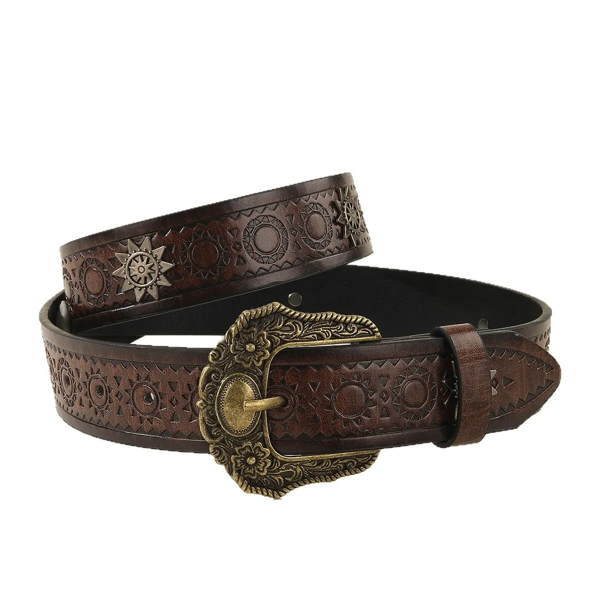 American Retro Star Rivet Embossed Leather Belt, Vintage Antique Gold Scroll Pin Buckle Unisex Western Waist Belt For Jeans Dresses Rodeo Outfits
