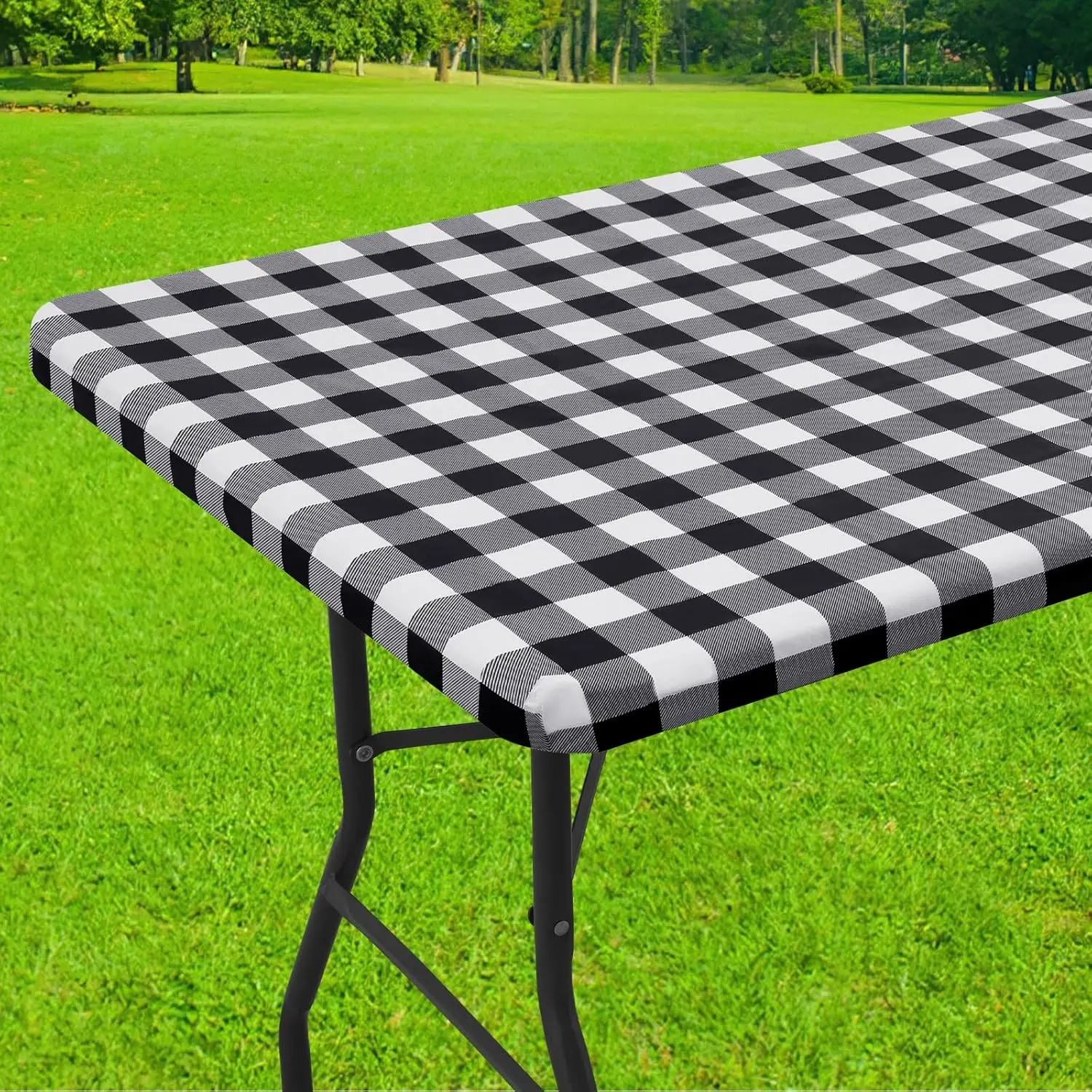 6 Foot Picnic Table Cloth, Flannel Backed Fitted Vinyl tablecloths | Waterproof Elastic Rectangle Tablecloth ,Buffalo Plaid Table Covers for Dining, Camping, Outdoor (Black and White, 30" x 72")