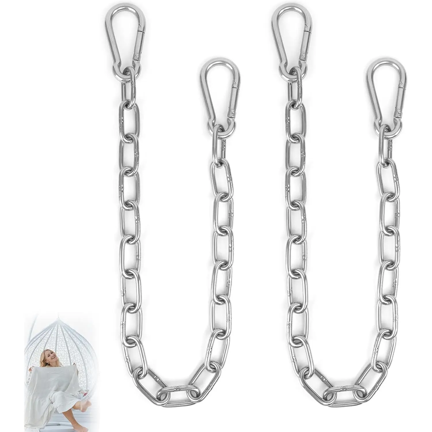 2 Pack 1/5 Inch Heavy Duty Chains, 30 Inch Swing Extension Chain with Carabiners, Adjustable 440LB Metal  Chain for Indoor Outdoor Porch Swing Hammock Chair Punching Bags Gym Machines