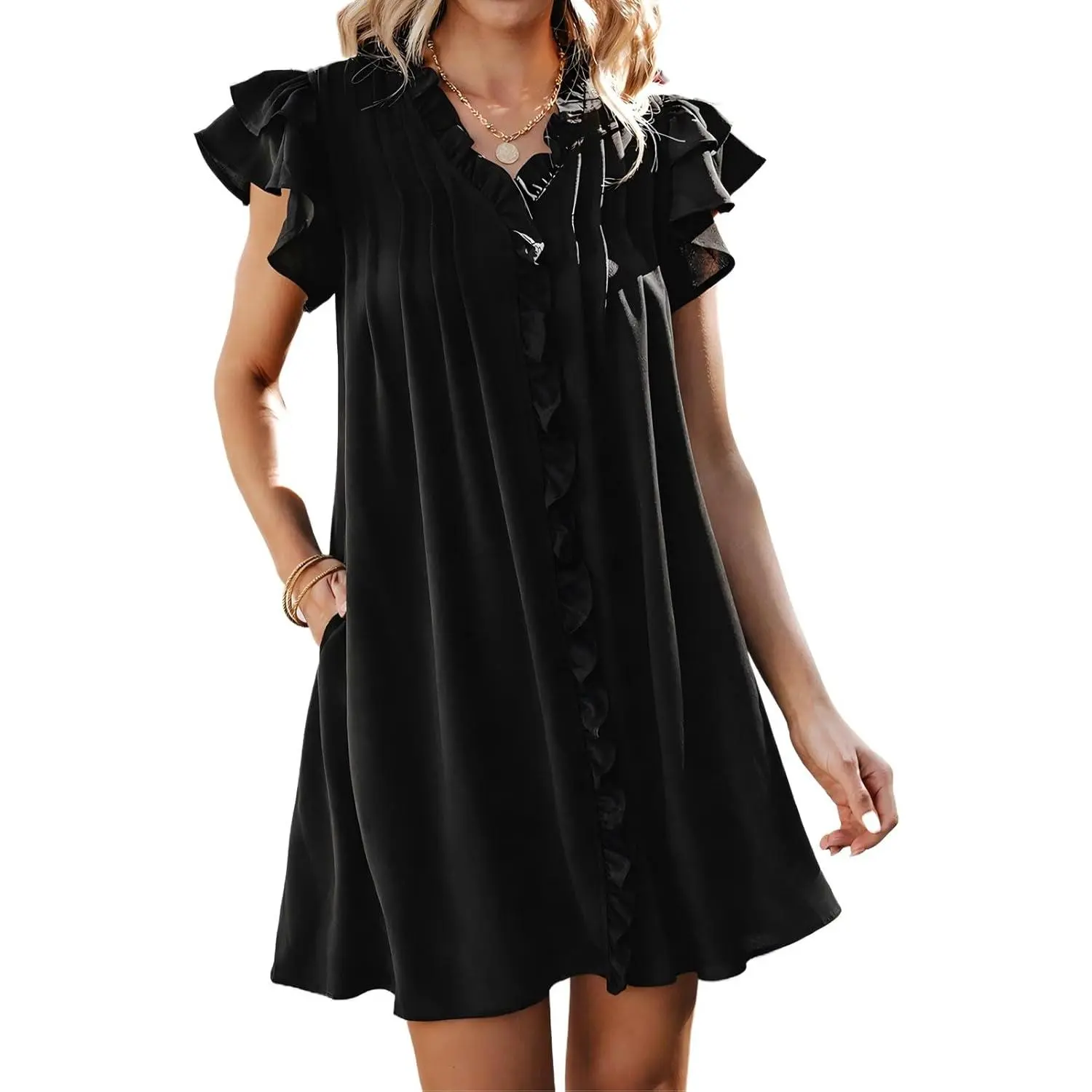 Women's Casual Tunic Dress, V-Neck Short Ruffle Sleeve Pleated Shift Mini Dress with Pockets, Casual Wear, Shortsleeve