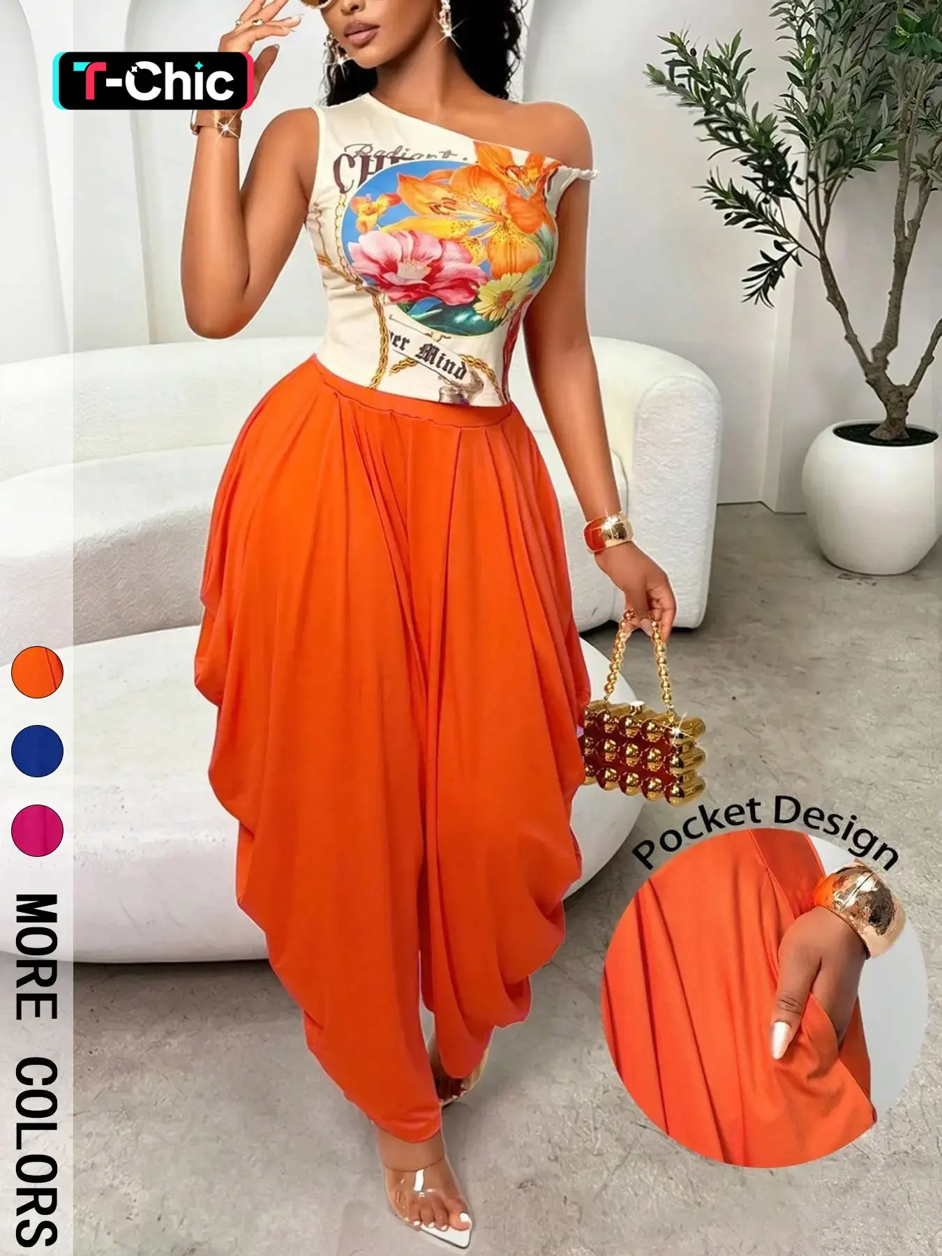 Women's Trendy Bold Style 2 Piece Matching Set, Asymmetrical One-Shoulder Floral Print Crop Top & High Waisted Harem Pants with Side Pockets, Draped Silhouette, Perfect for Party