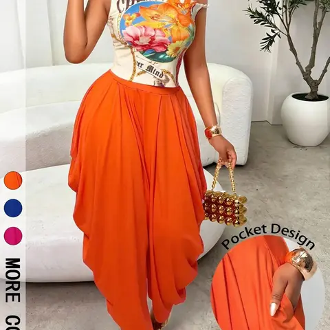 Women's Trendy Bold Style 2 Piece Matching Set, Asymmetrical One-Shoulder Floral Print Crop Top & High Waisted Harem Pants with Side Pockets, Draped Silhouette, Perfect for Party, Fashion Sets