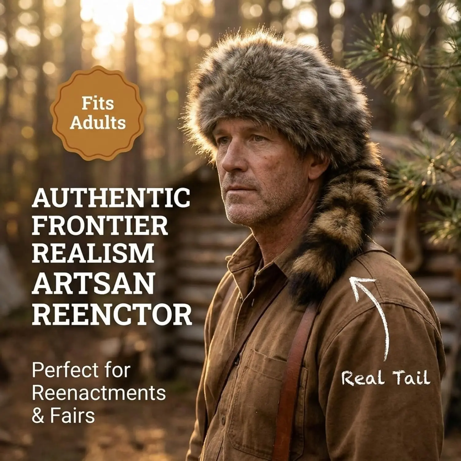 Daniel Boone & Davy Crockett Style Raccoon Hat - Synthetic Cap with Real Raccoon Tail(Gift)