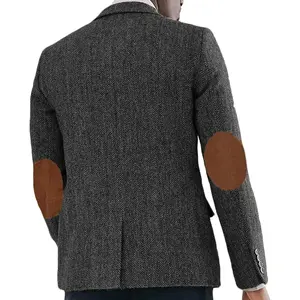Men's Herringbone Blazer with Faux Suede Elbow Patches Textured Tweed Sport Coat Vintage Academic Casual Jacket Gray 3XL