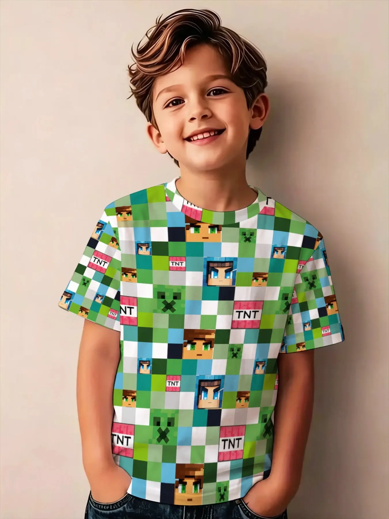 Unisex Pixel Sandbox Game Block Print Short Sleeve T-Shirt, Creeper Tnt Player Role Gaming Round Neck Top, Casual Slim Fit