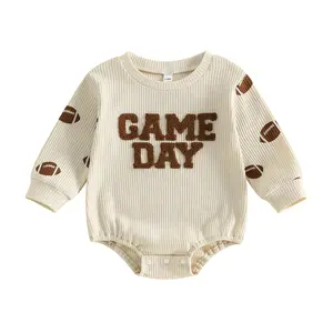 Newborn Baby Boy Girl Football Outfit Round Neck Game Day Letters Football Embroidery Long Sleeve Romper Bodysuit Fall Clothes