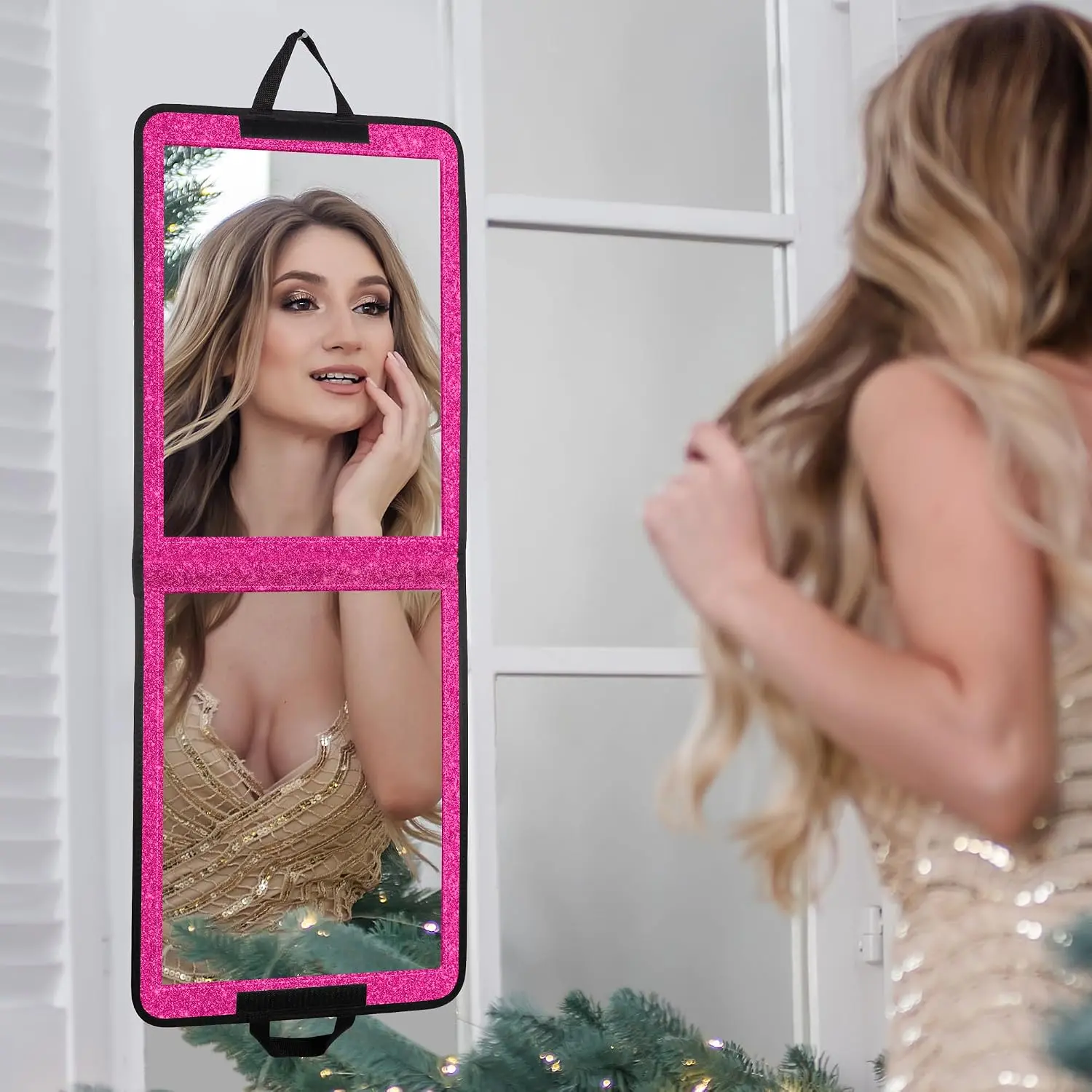 Sparkle Hot  Folding Mirror 13"x33", Foldable Full-Length Travel Mirror 3-Way Use,  for Dance, Festivals, RV