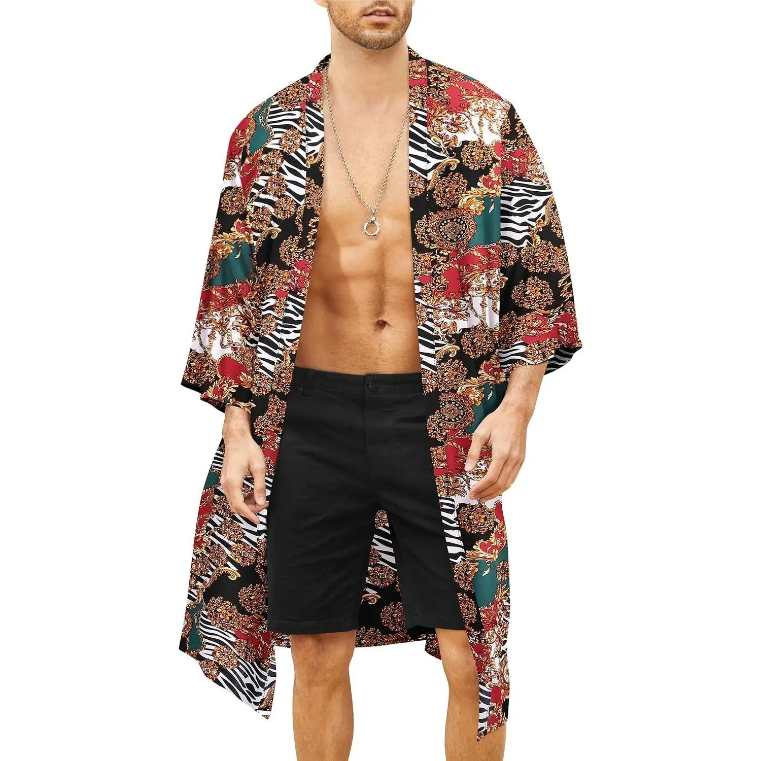 Men's Lightweight Kimono Robe Jacket Printed Japanese Style Bathrobes Casual Open Front Long Cardigan Coat Outwear
