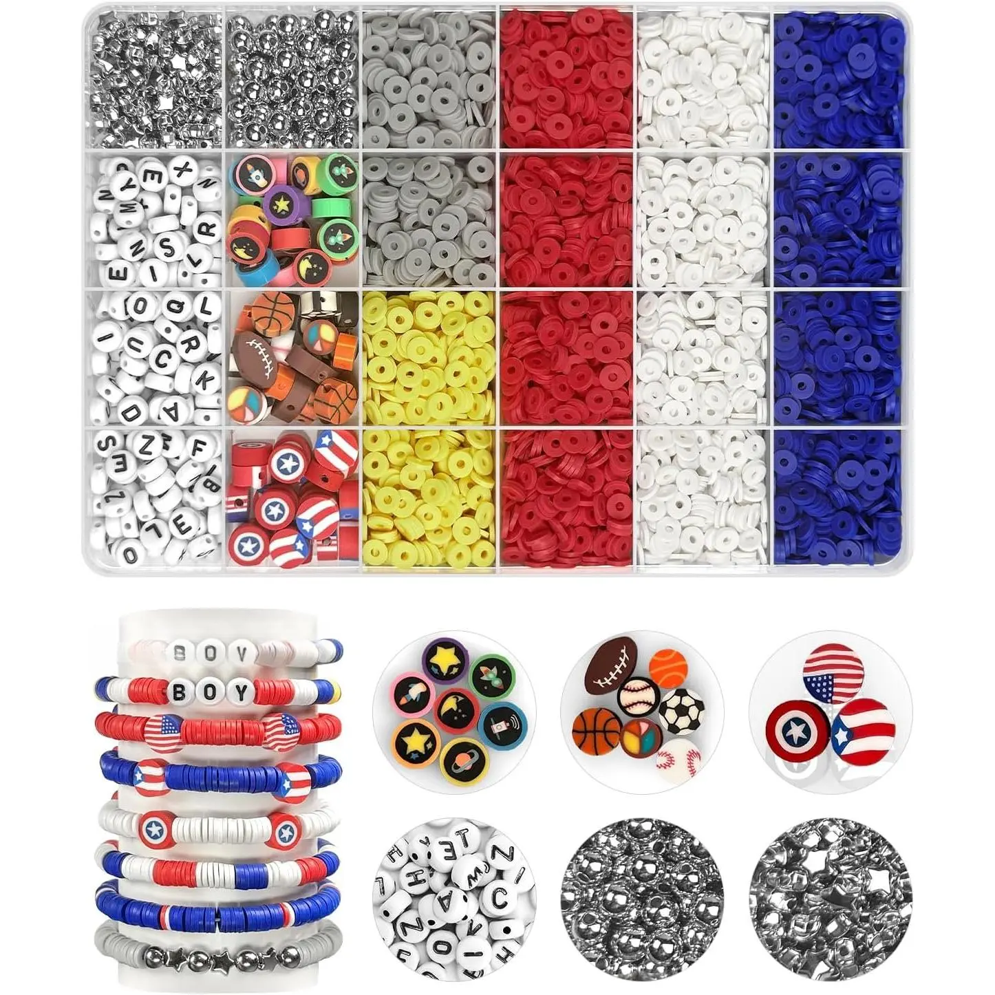 Bracelet Making Kit for Boys, 3200 count Boy Bracelet Making Kit with Red White and Blue Clay Beads