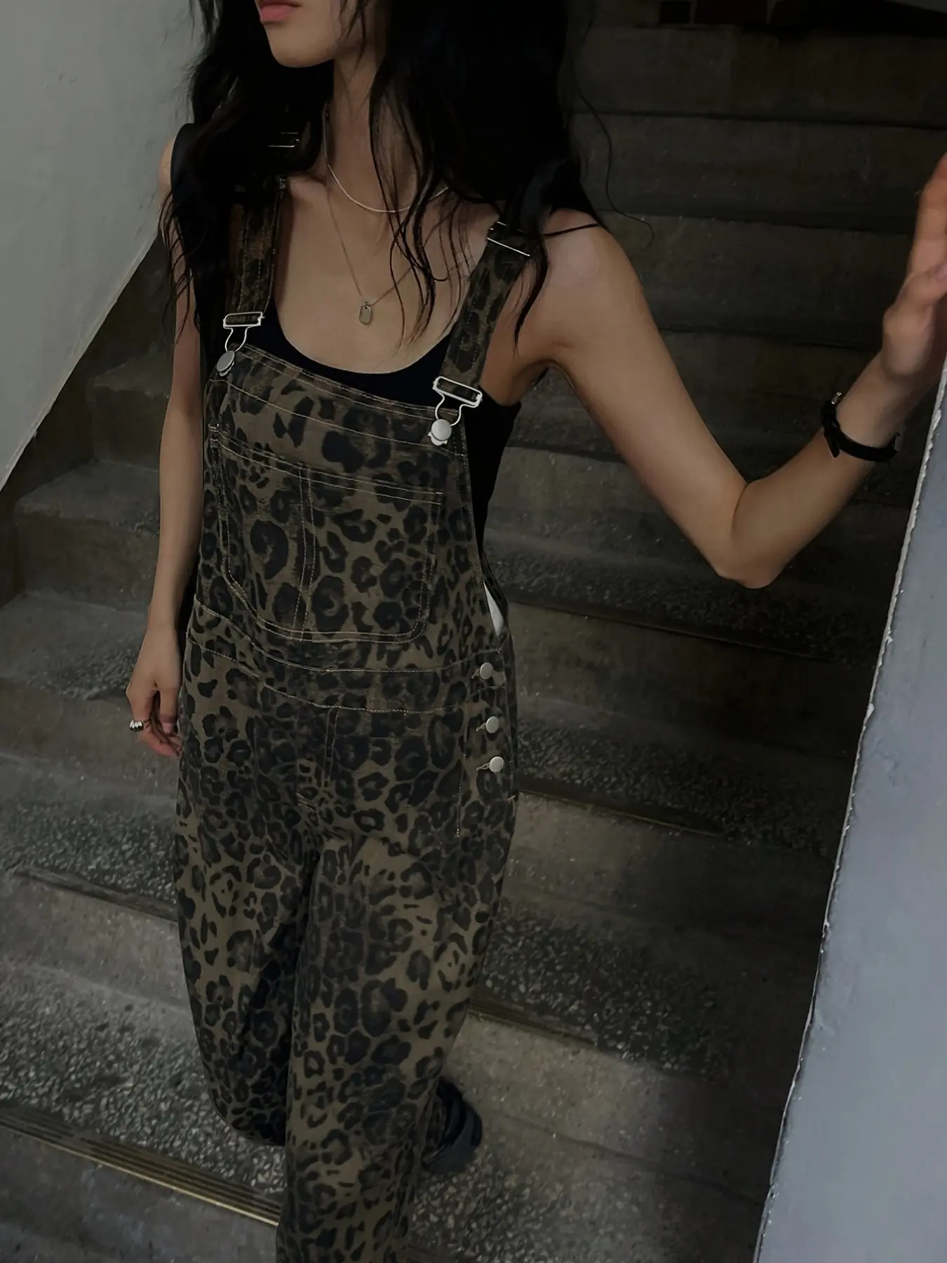 Vintage Leopard Print Denim Overall Pants for Women, Adjustable Straps, Loose Fit, Wide Leg, Workwear Style, Multiple Pockets