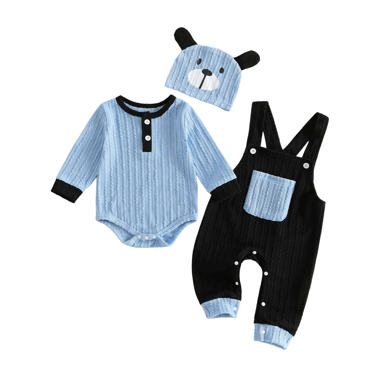 Newborn Baby Boy Clothes Fall Winter Outfit Long Sleeve Textured Romper Pocket Suspender Pants Dog Hat 3 Piece Set