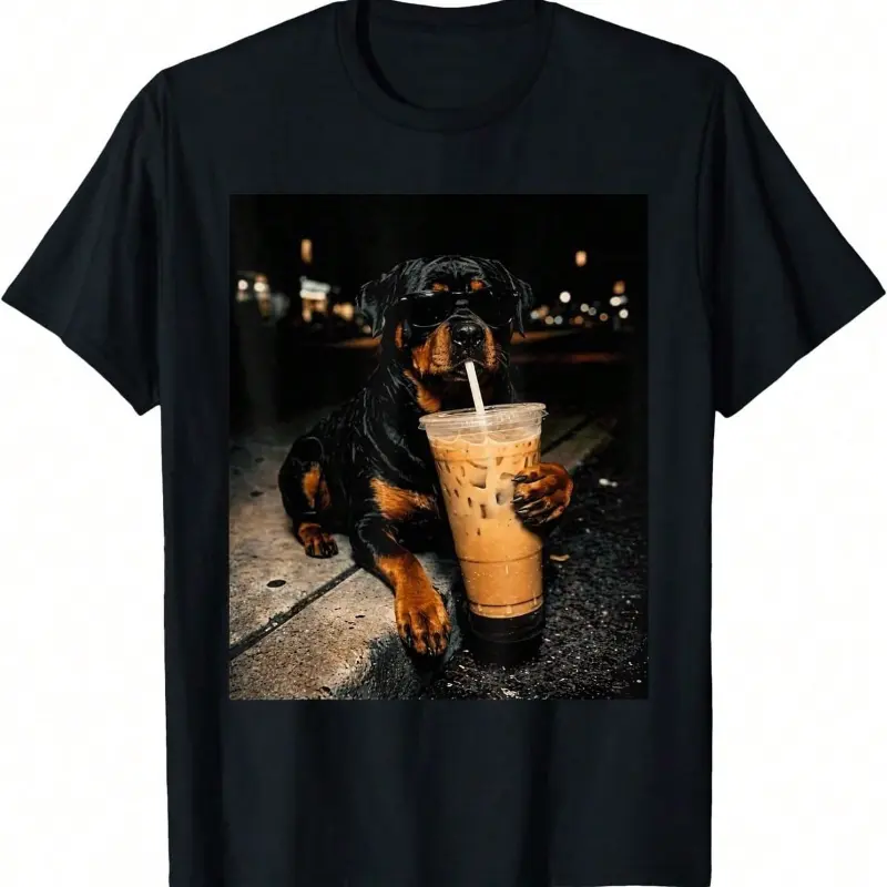 Men's Short-Sleeve Cotton T-Shirt, Cool Rottweiler in Sunglasses Drinking Iced Coffee Night City Graphic, Aesthetic Classic Novelty Vibe, Unisex Casual Streetwear for Dog Lovers & Coffee Fans, Shortsleeve