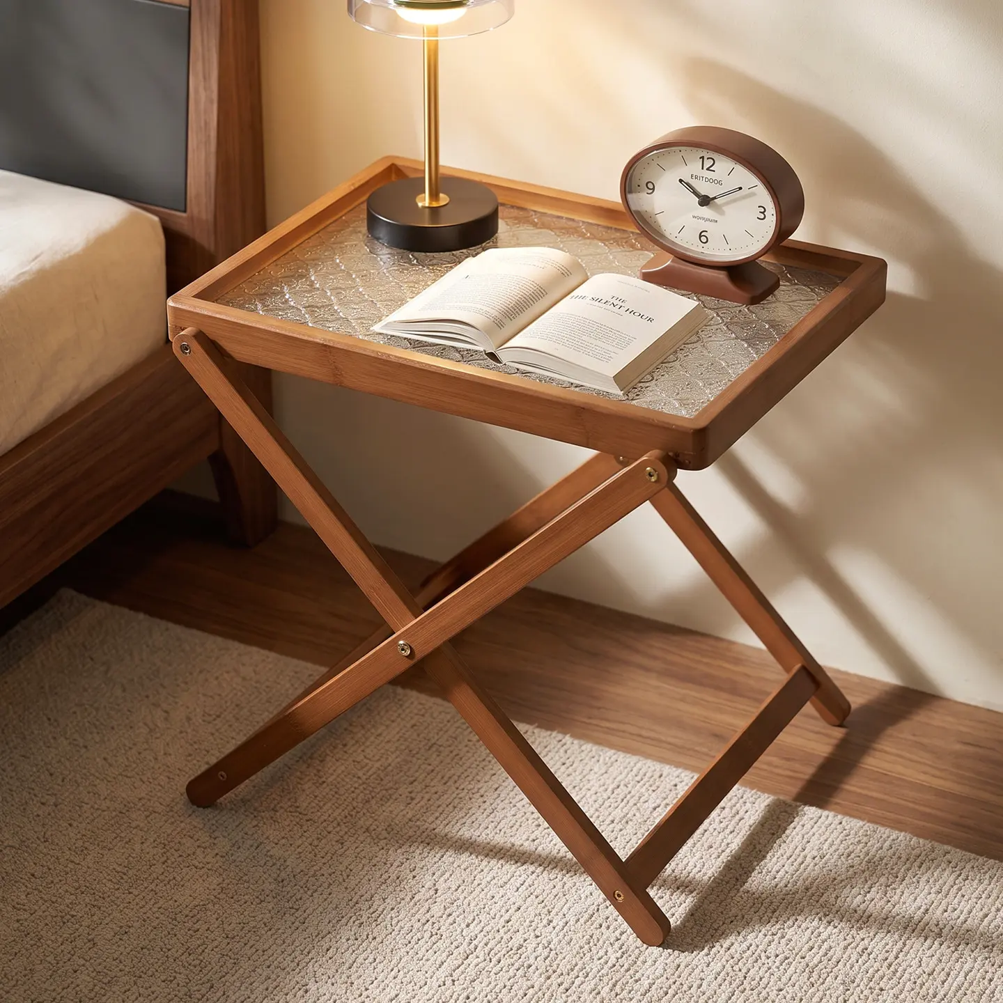 Vintage Fluted Glass Folding Accent Side Table, Bamboo Movable Sofa Corner End Table with Wheels, Apartment‑Hacks Must‑Have Aesthetic Space‑Saving Living Room Furniture, for Small Space Home Balcony Storage & Renter‑Friendly, Housewarming Gift