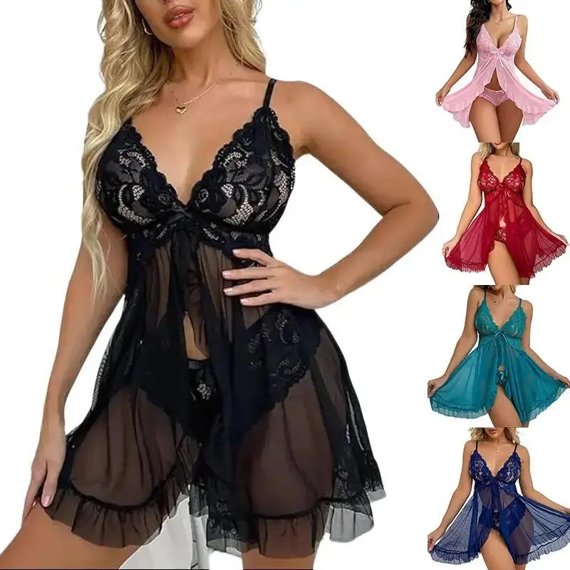 Women’s Sexy Lace Babydoll Lingerie Set, Open Front Mesh Chemise Nightgown Sleepwear with Thong, Sheer Floral Lace Pajama Dress, Lightweight Comfortable Nightwear for Bedroom, Honeymoon, Romantic Nights & Special Occasions
