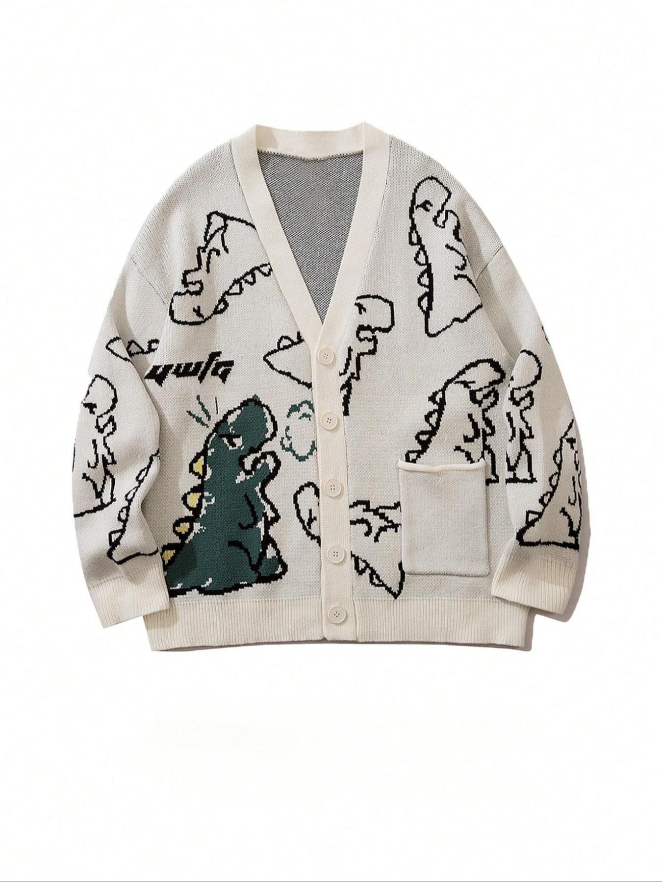 Men's Cartoon Dinosaur Print Pocket Button Front Cardigan, Loose Casual Drop Shoulder Long Sleeve V Neck Knitwear for Spring & Fall, Fashion Men's Knit Clothing for Daily Wear, Cartoon Print Sweater