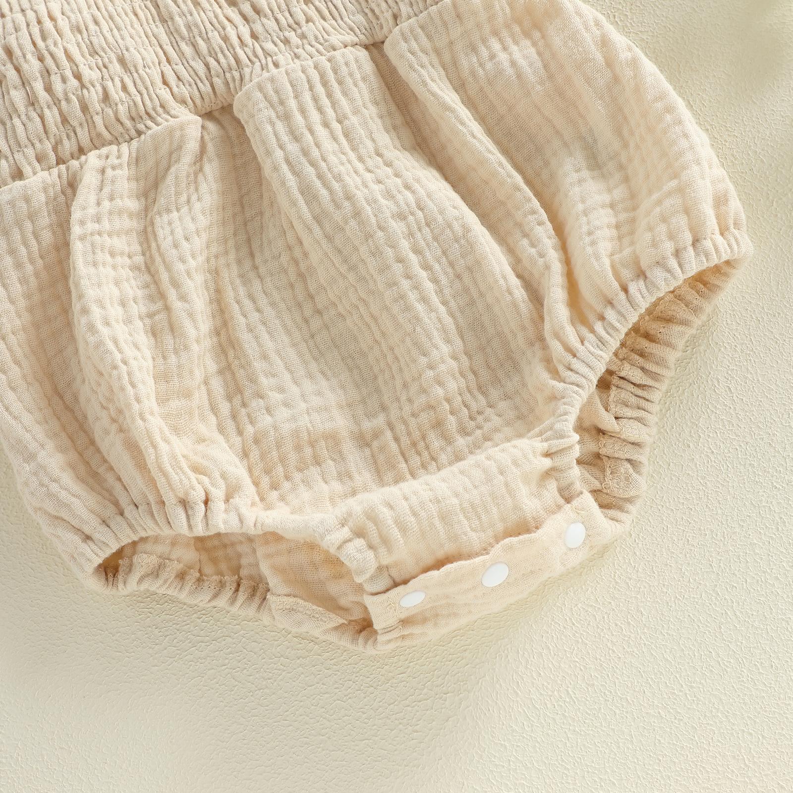 Newborn Baby Girl Romper Ruffle Sleeve Solid Smocked Bubble Romper Jumpsuit Bow Headband Cute Infant Summer Clothes